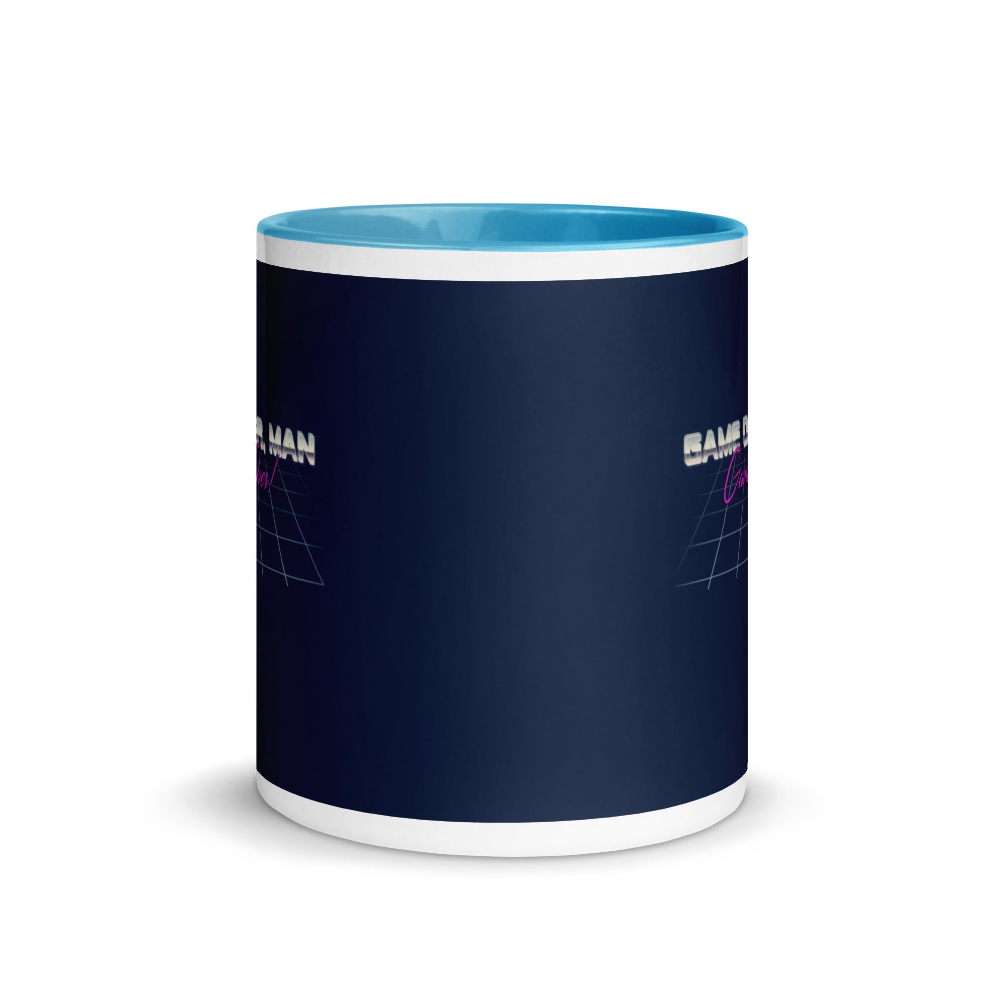 a blue and white coffee mug with a blue rim