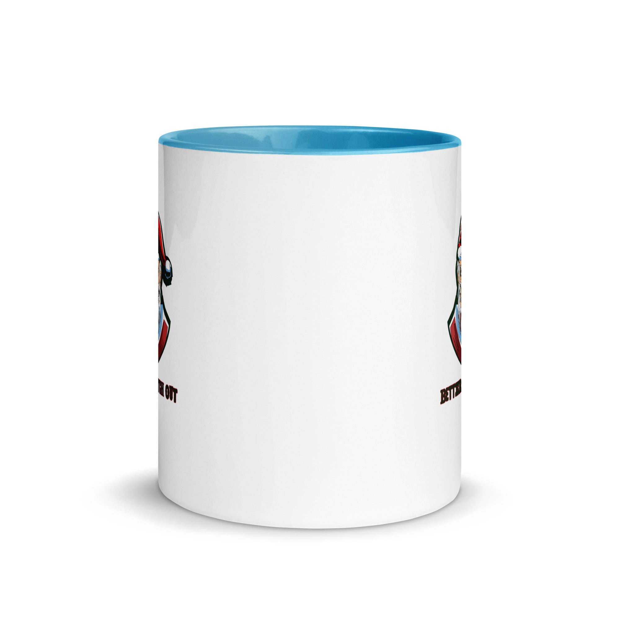 a white coffee mug with a blue rim