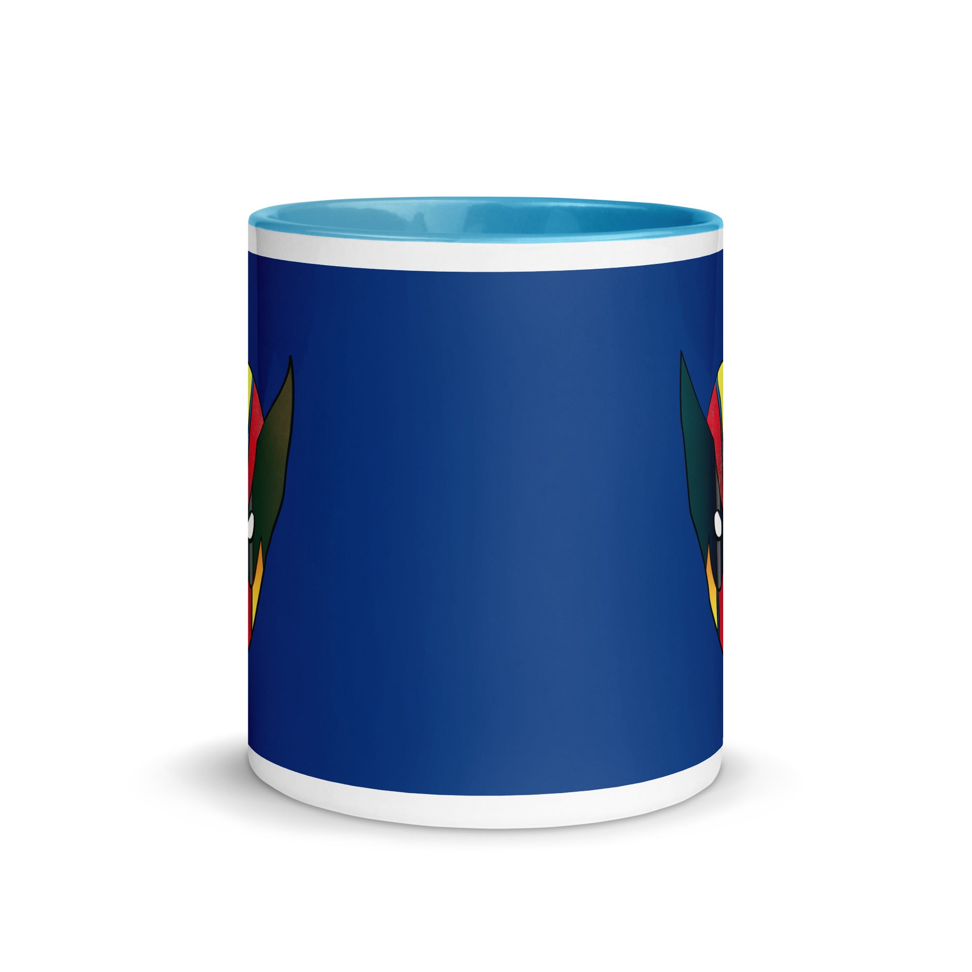 a blue mug with a colorful bird on it