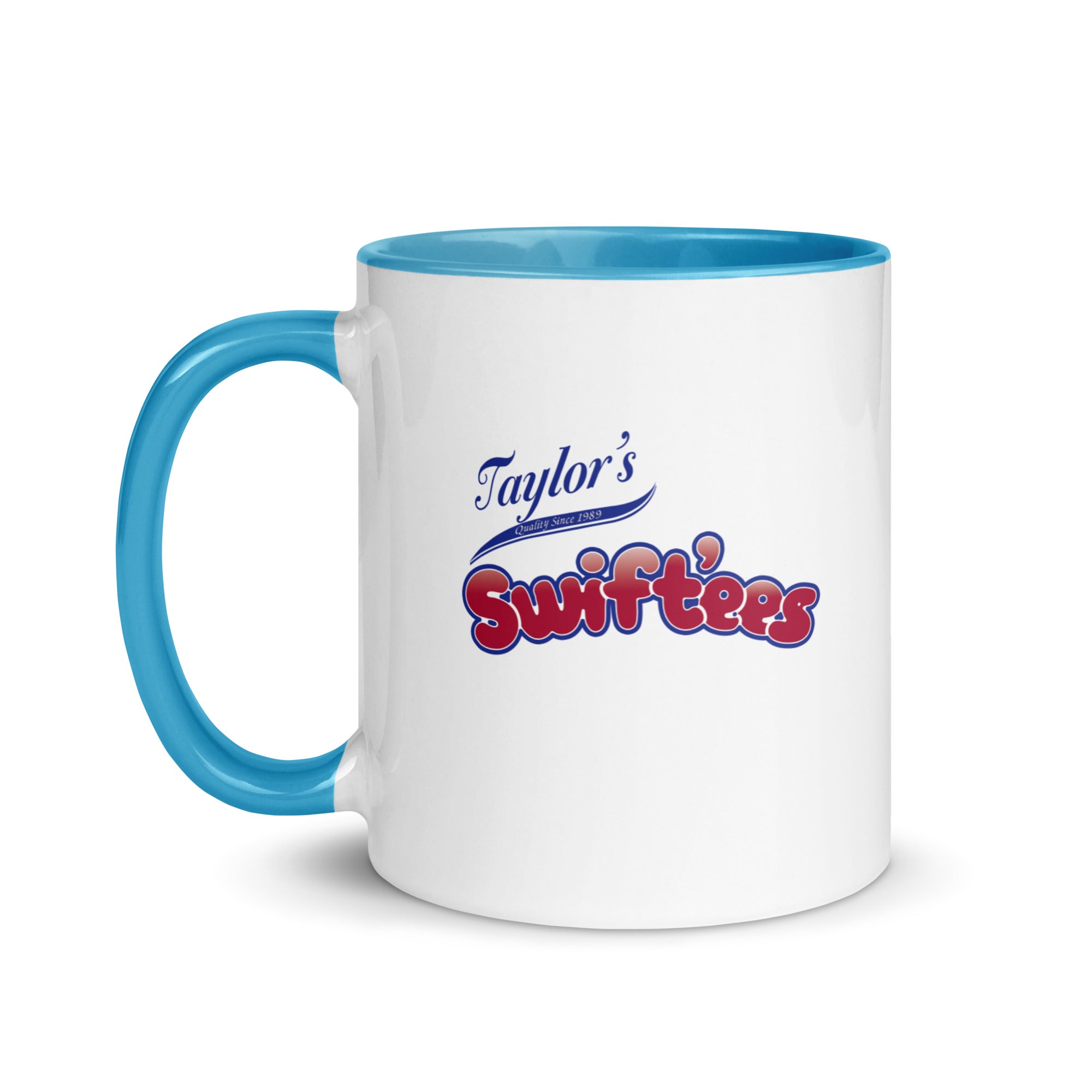 a white and blue coffee mug with taylor's surffries on it