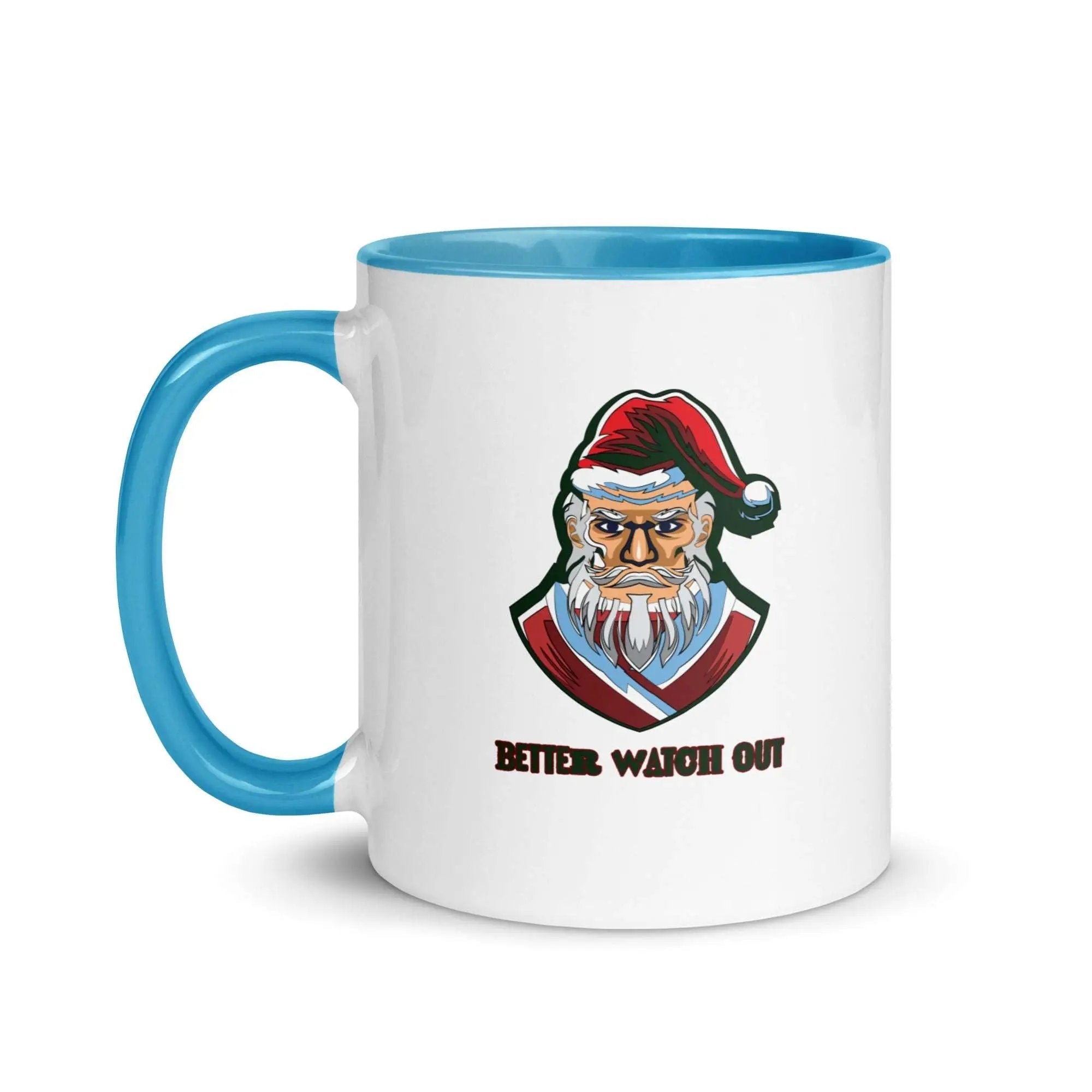 a blue and white coffee mug with a santa clause on it