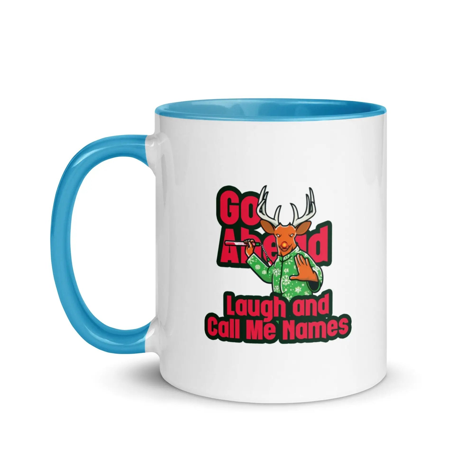 a blue and white coffee mug with a deer on it
