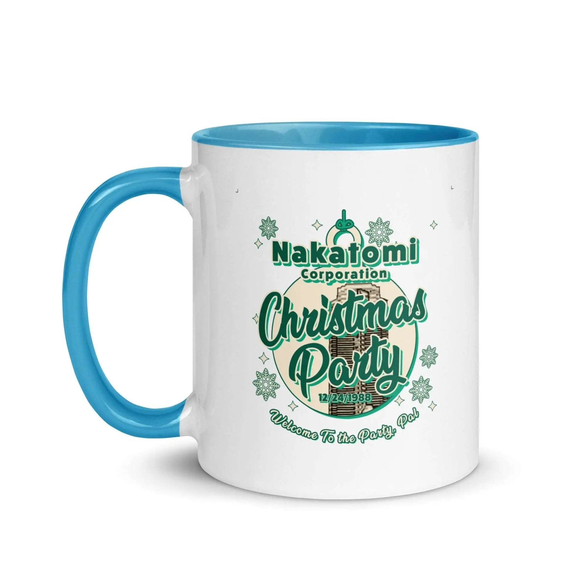 a white and blue coffee mug with a christmas party design