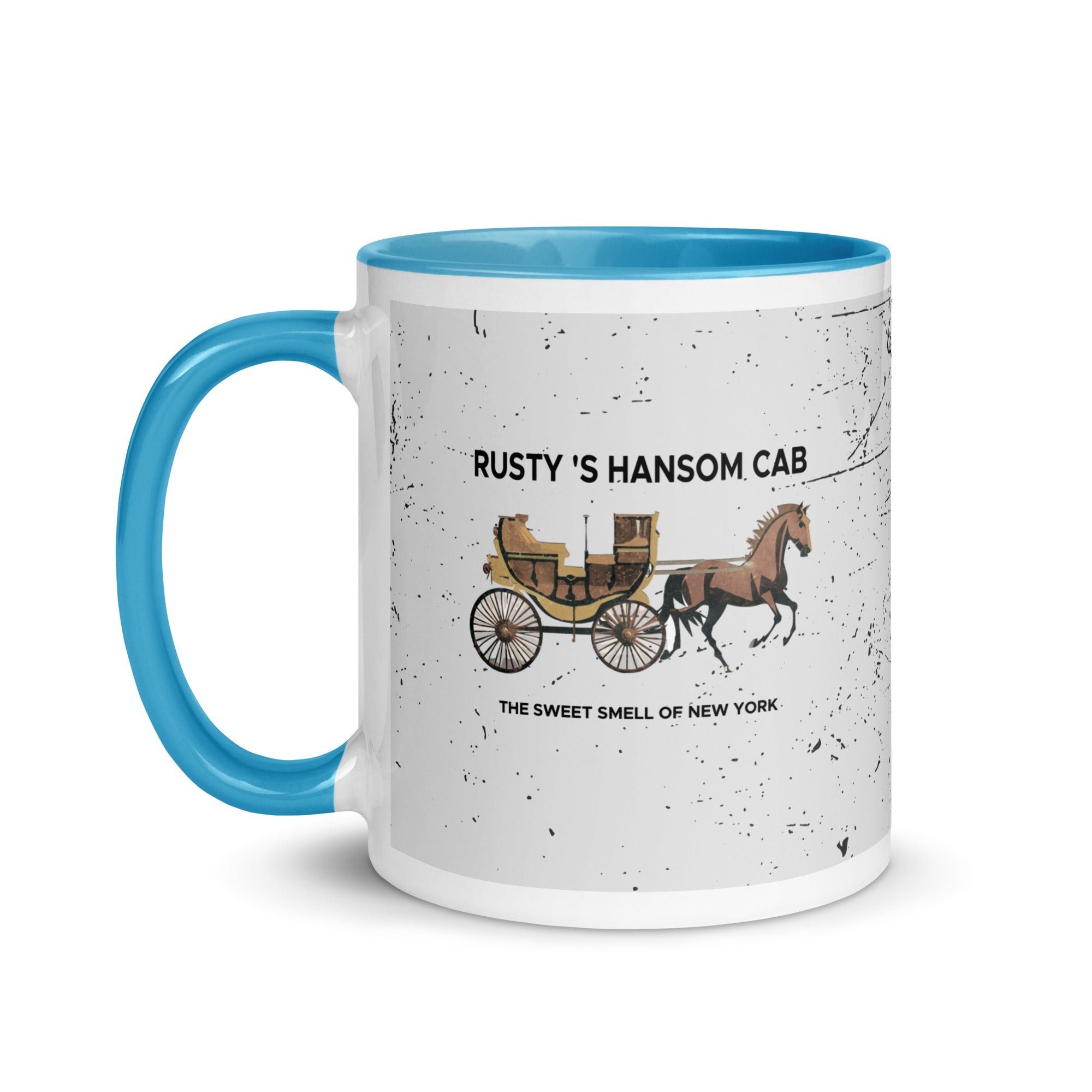 a blue and white coffee mug with a horse drawn carriage