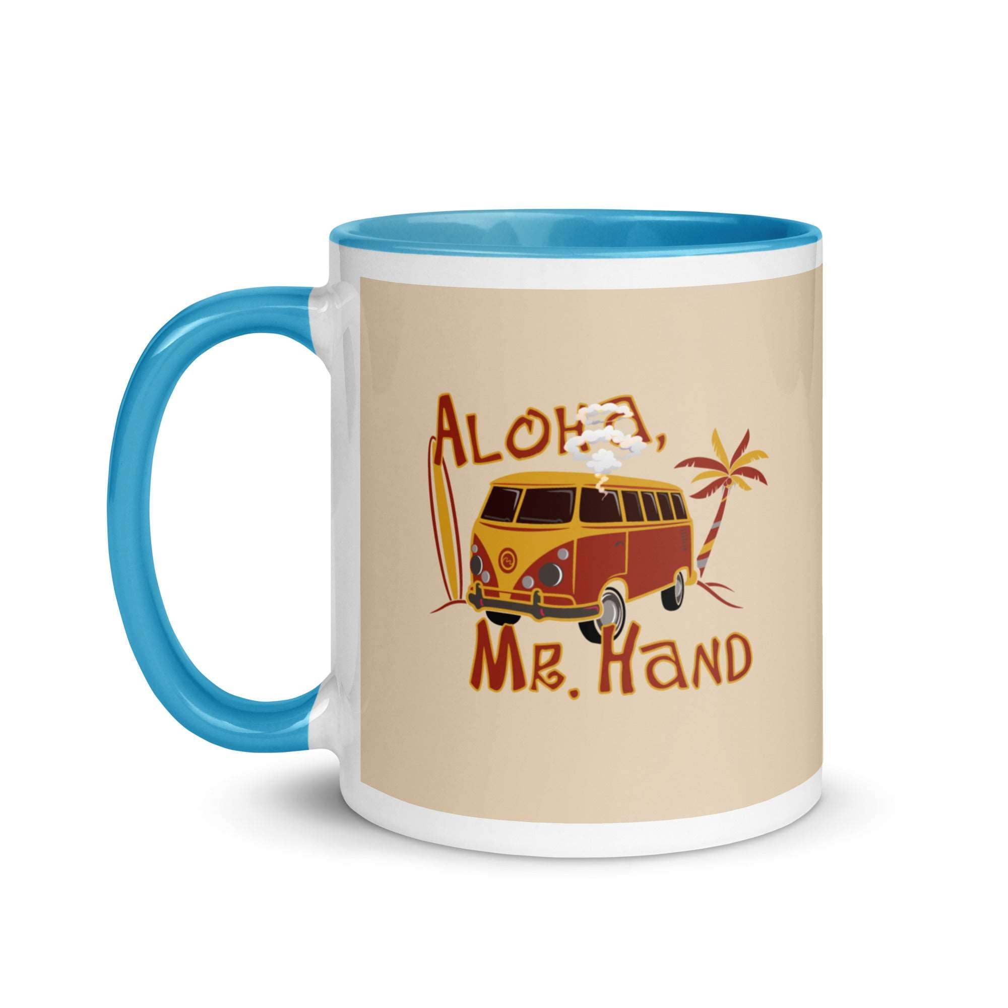 a blue and white coffee mug with the words aloha, mr hand on