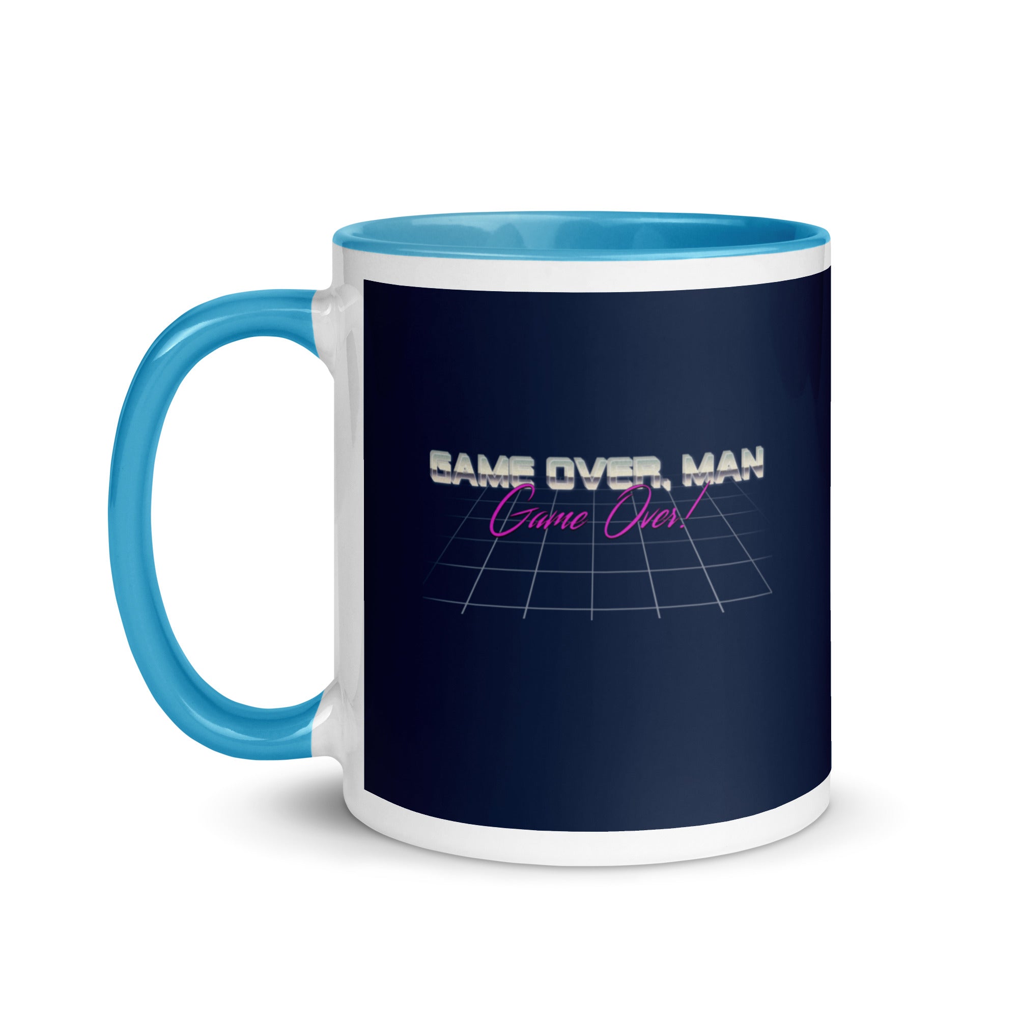 a blue and white coffee mug with the words calm over man on it
