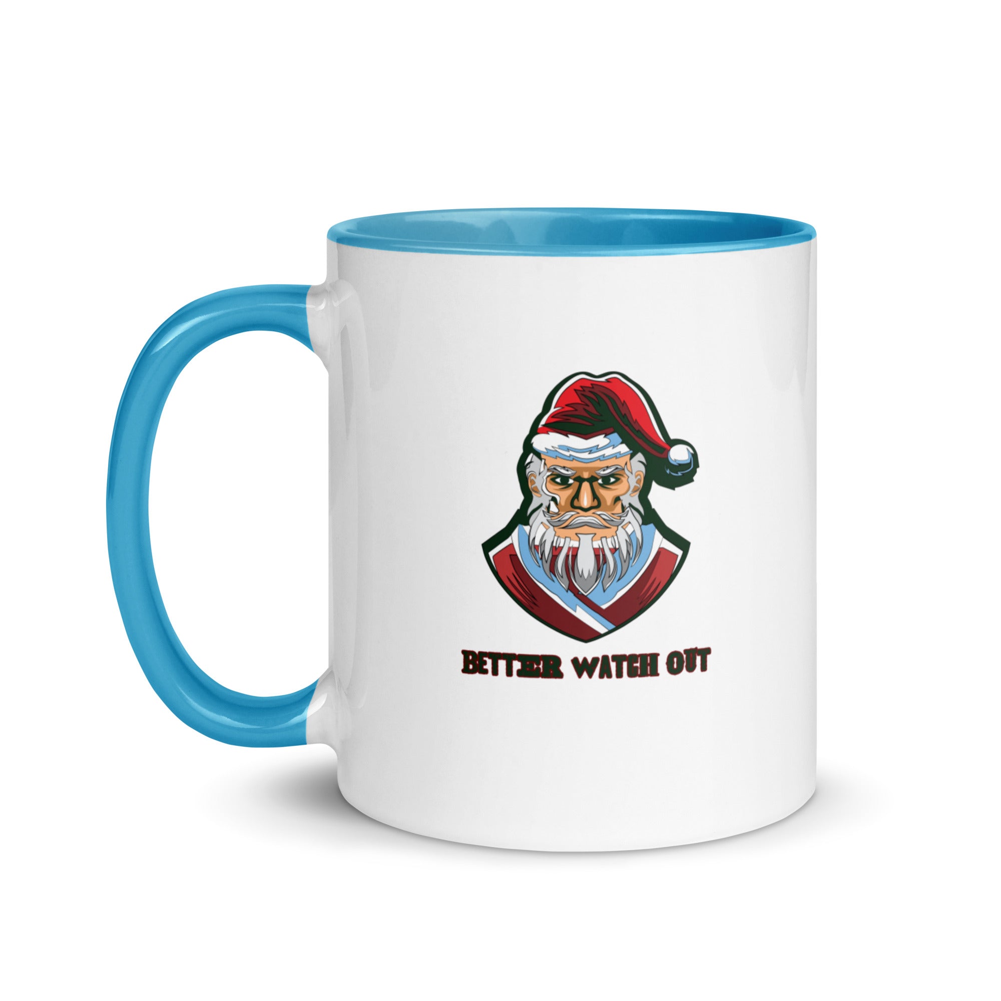 a blue and white coffee mug with a santa clause on it