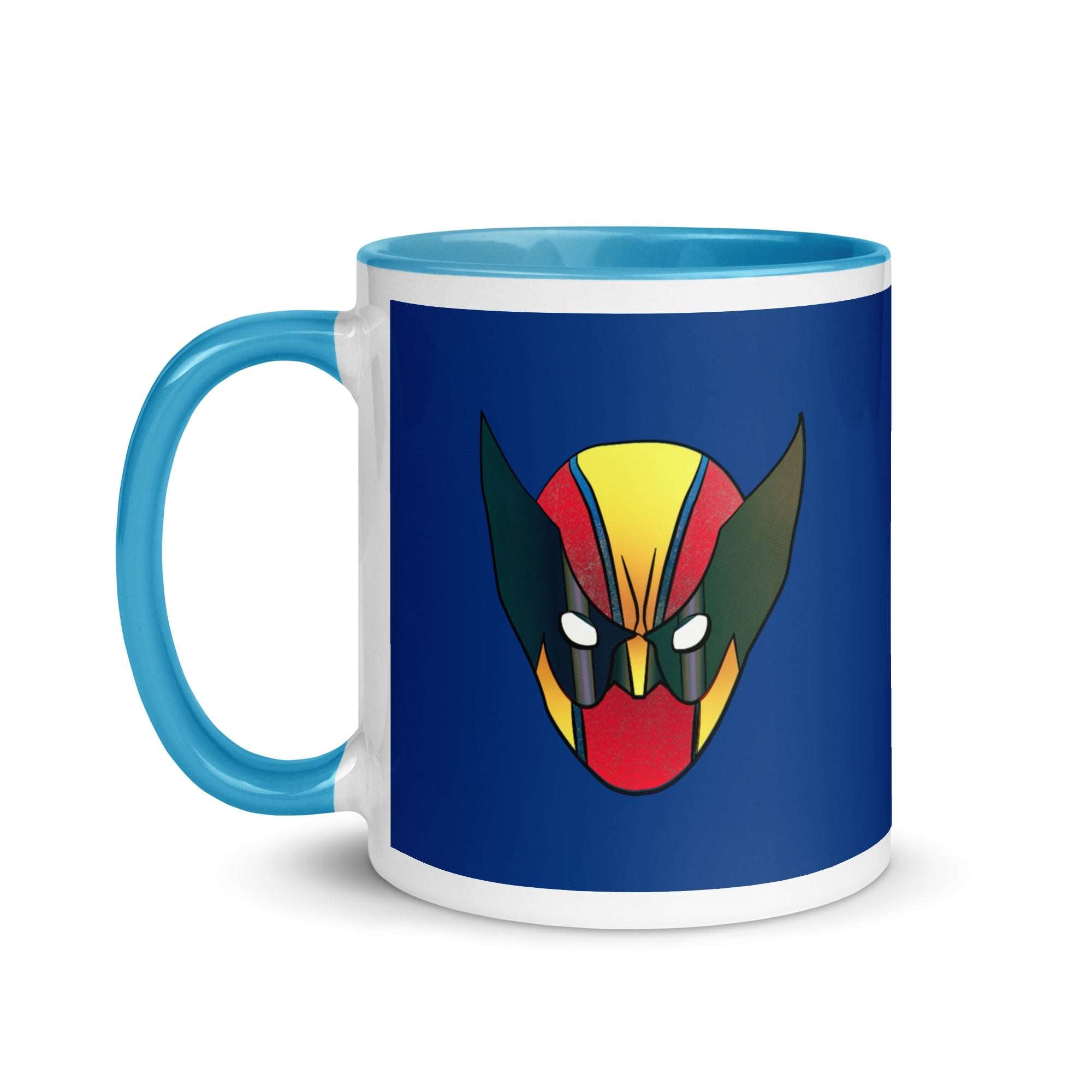 a blue and white mug with a cartoon character on it