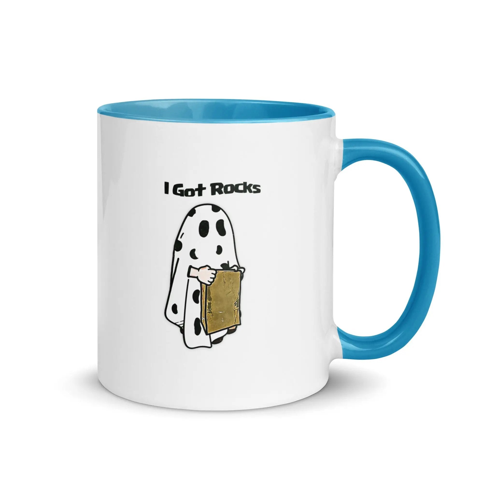 a blue and white coffee mug with a dalmatian holding a box