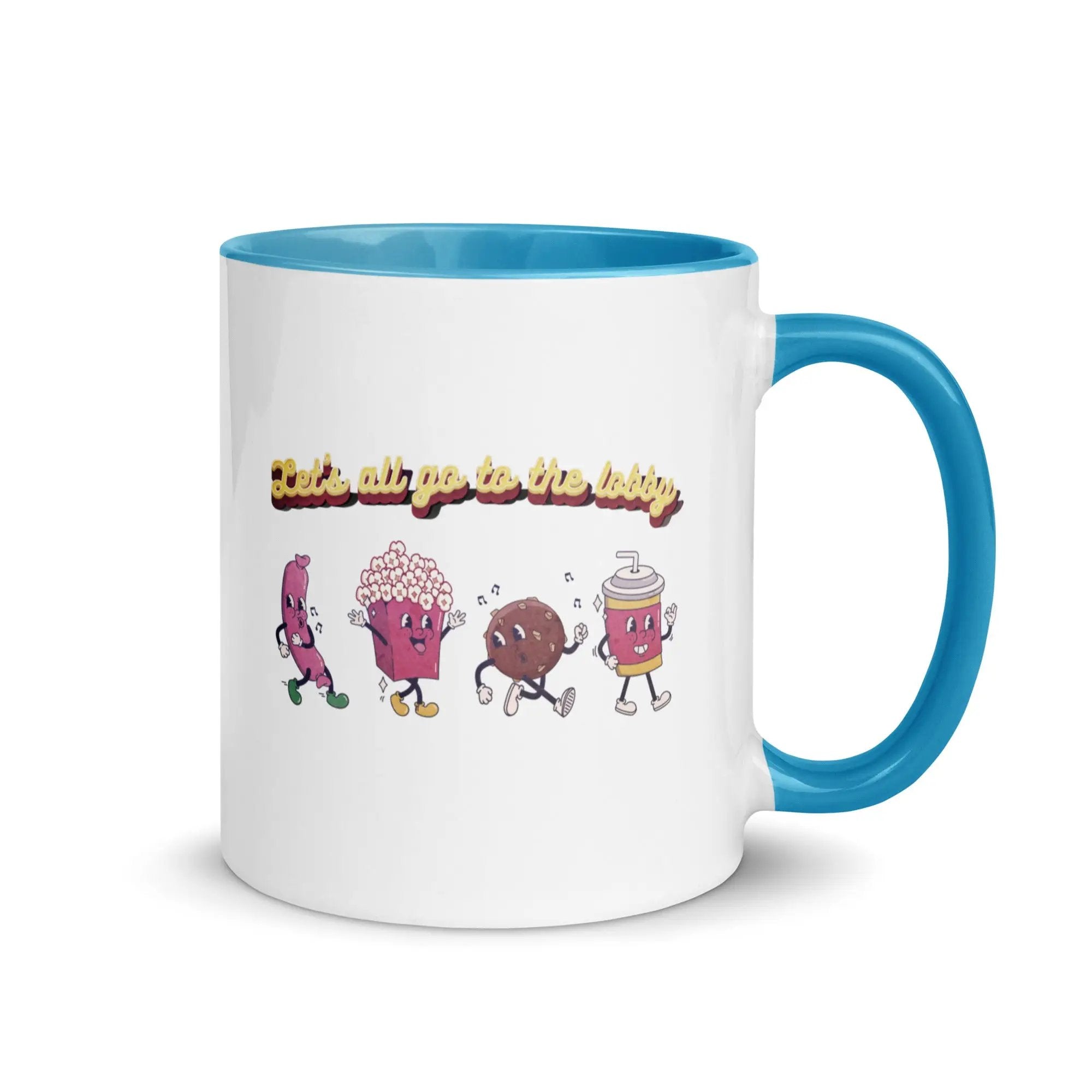a blue and white coffee mug with a cartoon character on it