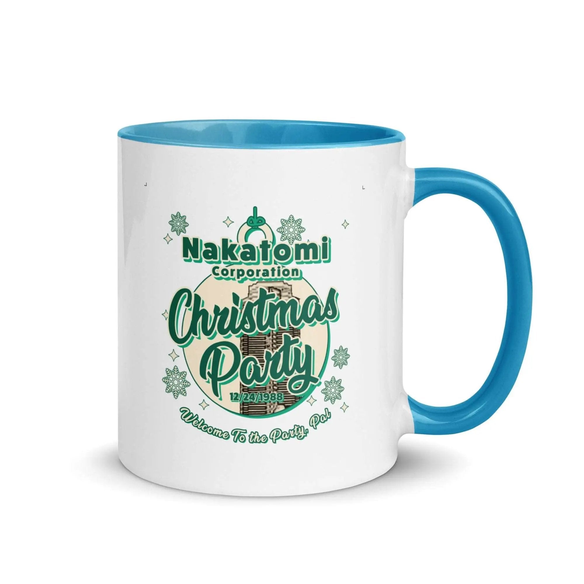 a white and blue coffee mug with a christmas party design