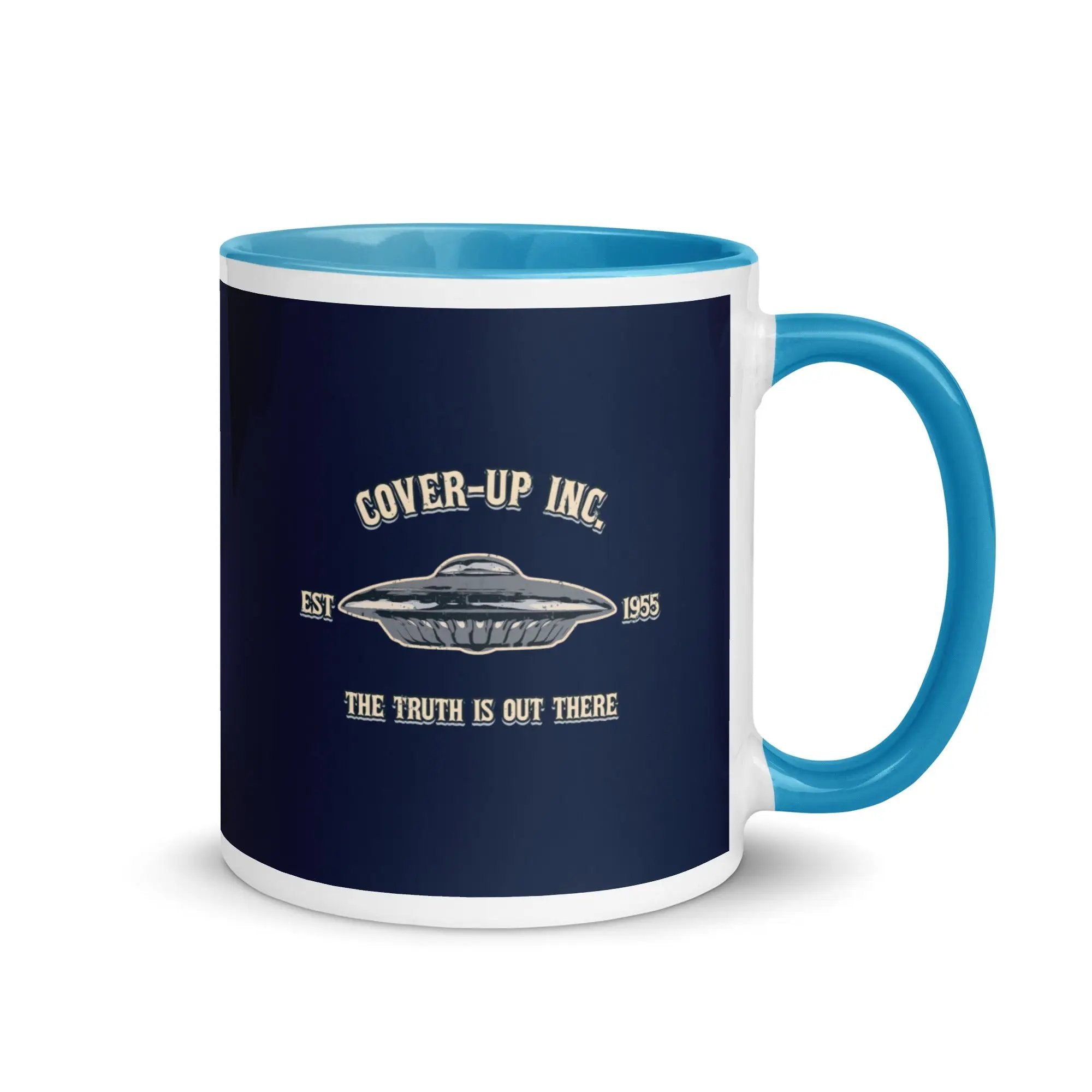 a blue and white coffee mug with the words cover - up inc on it