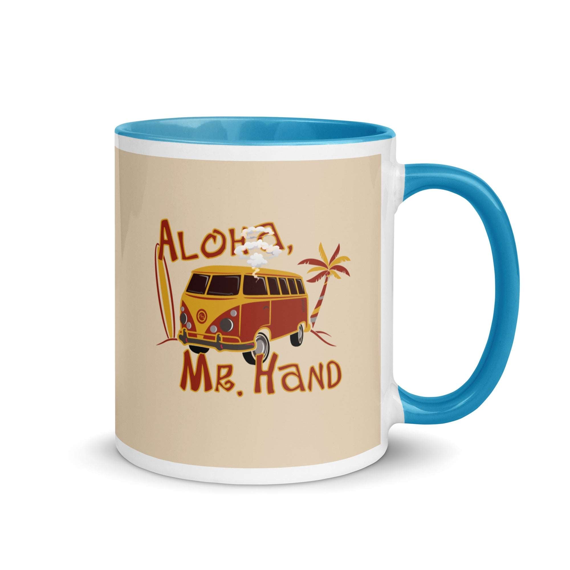a coffee mug with an image of a van and a surfboard