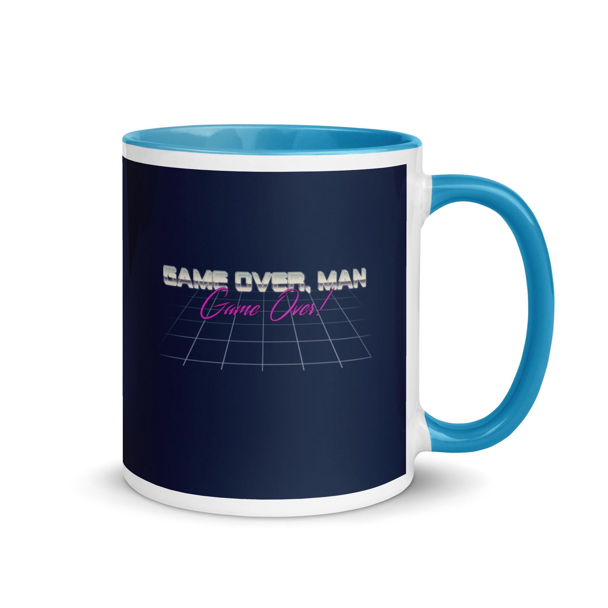 a blue and white coffee mug with the words game over man on it