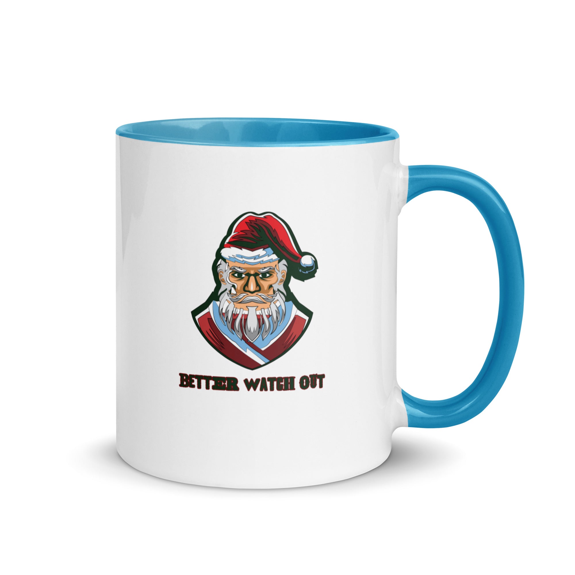 a white and blue coffee mug with a santa clause on it