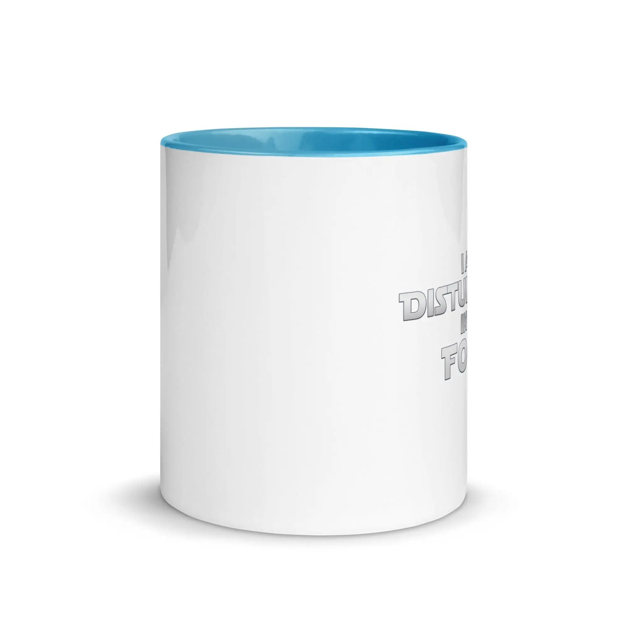 a white and blue coffee mug with a blue rim
