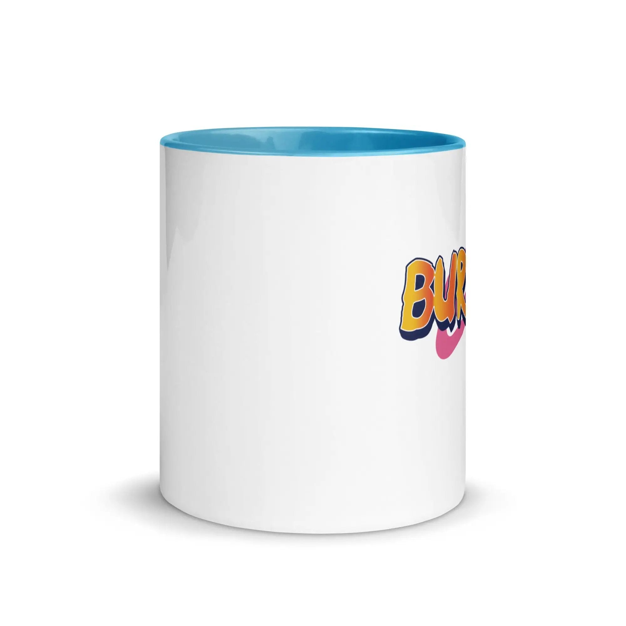a white and blue coffee mug with the word blm on it