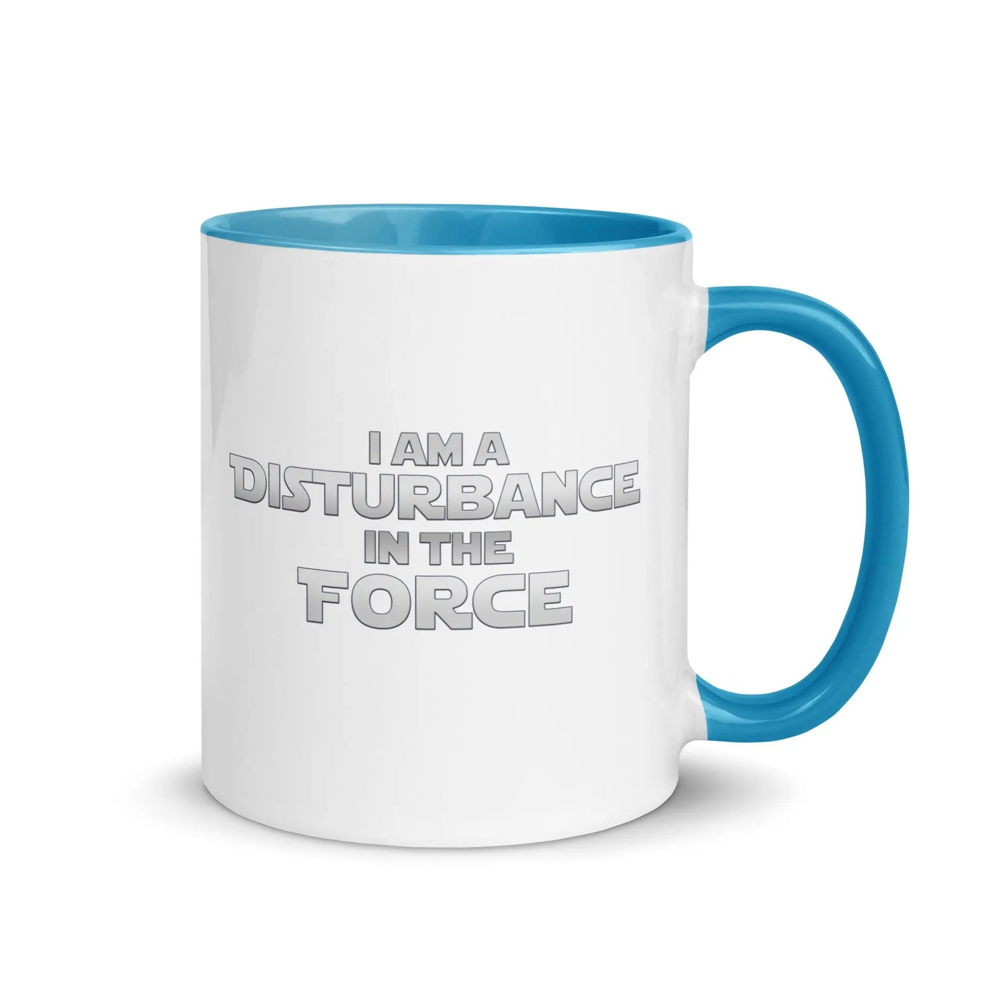 a blue and white coffee mug with the words i am a distance in the force