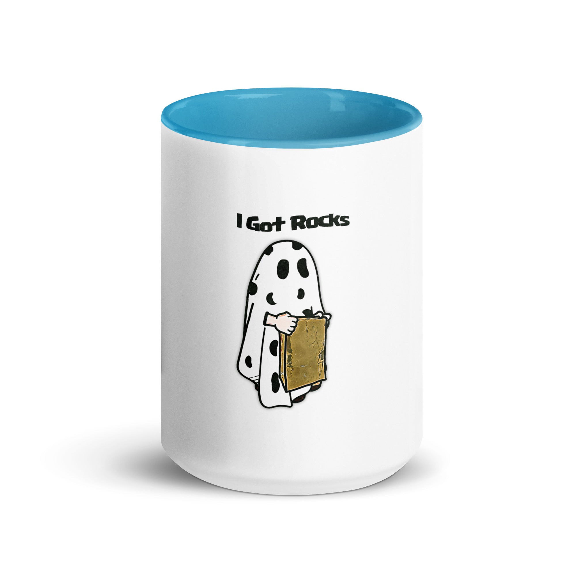 a white and blue coffee mug with a ghost holding a book