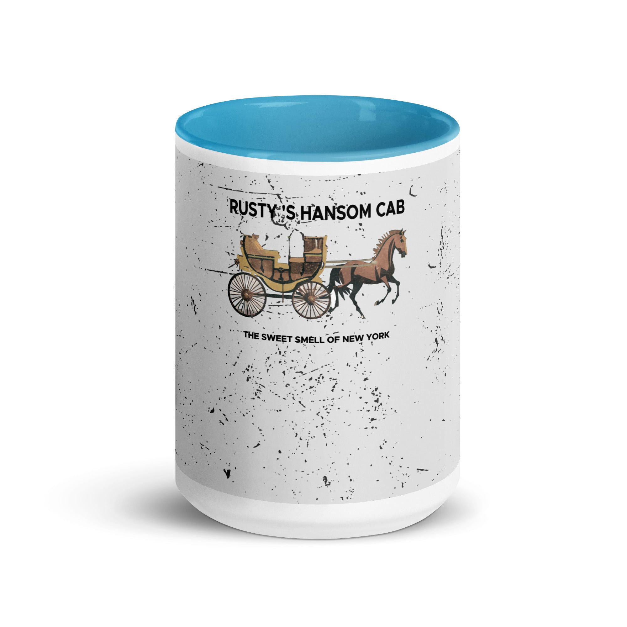 a blue and white coffee mug with a horse drawn carriage