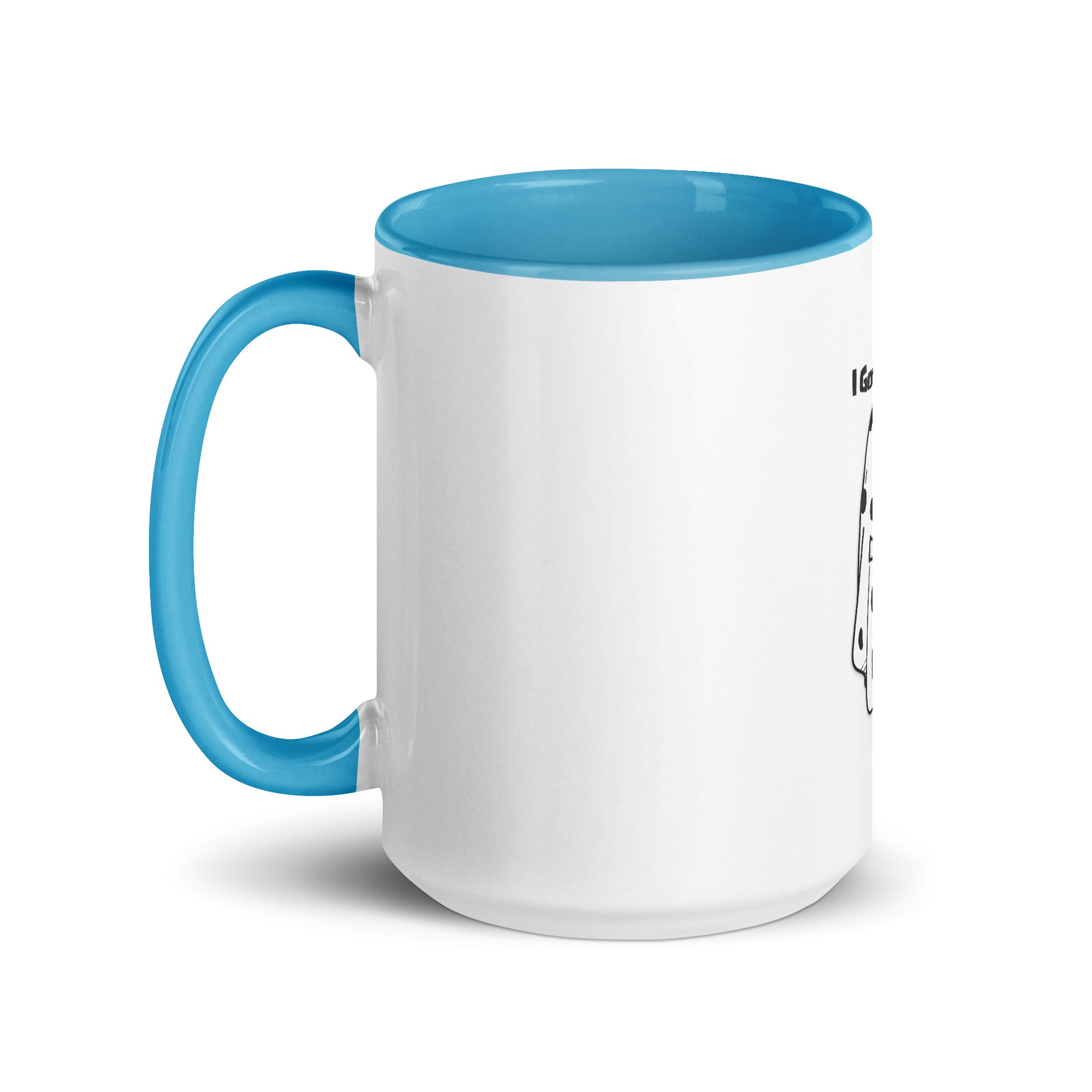 a white and blue coffee mug with a blue rim