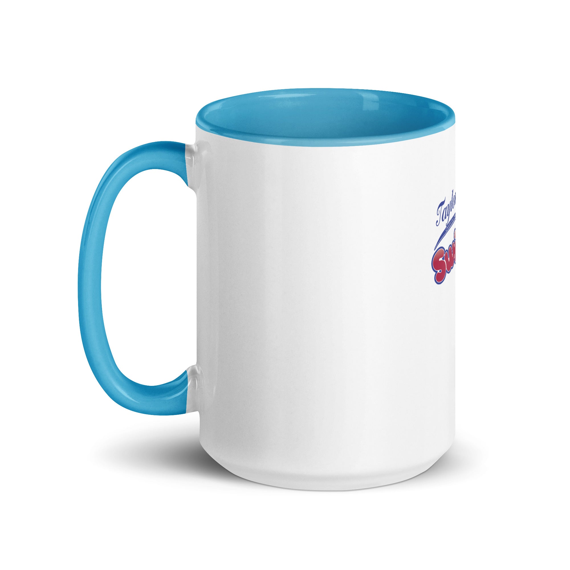 a white and blue coffee mug with a blue rim