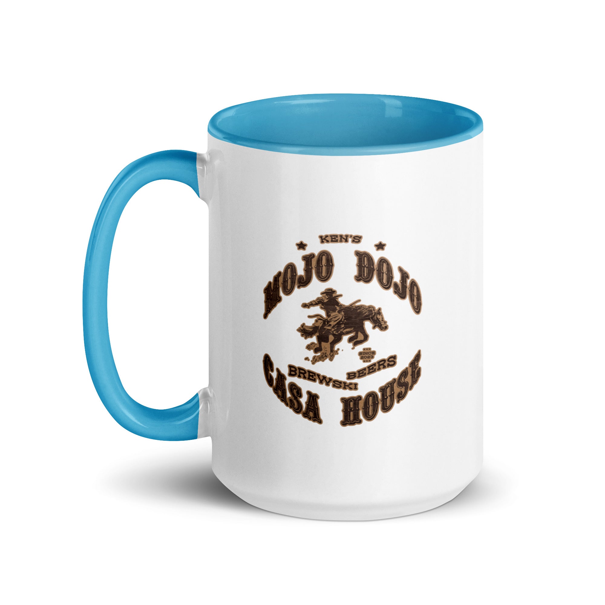 a blue and white coffee mug with a horse on it