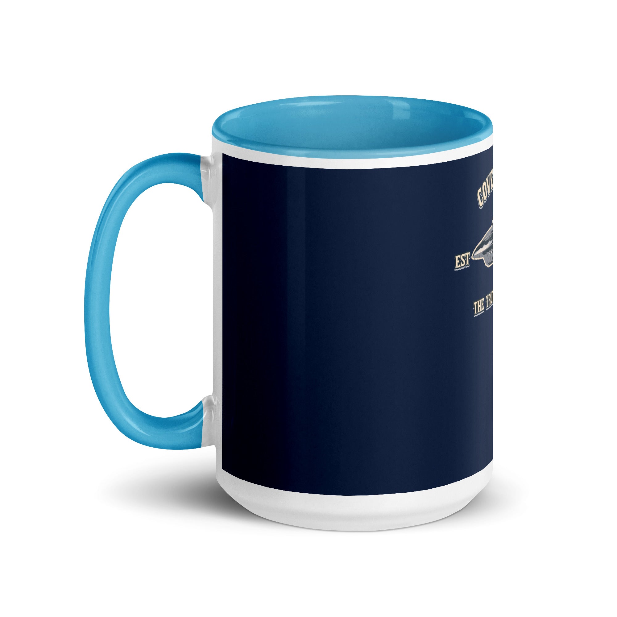a blue and white coffee mug with a blue bottom