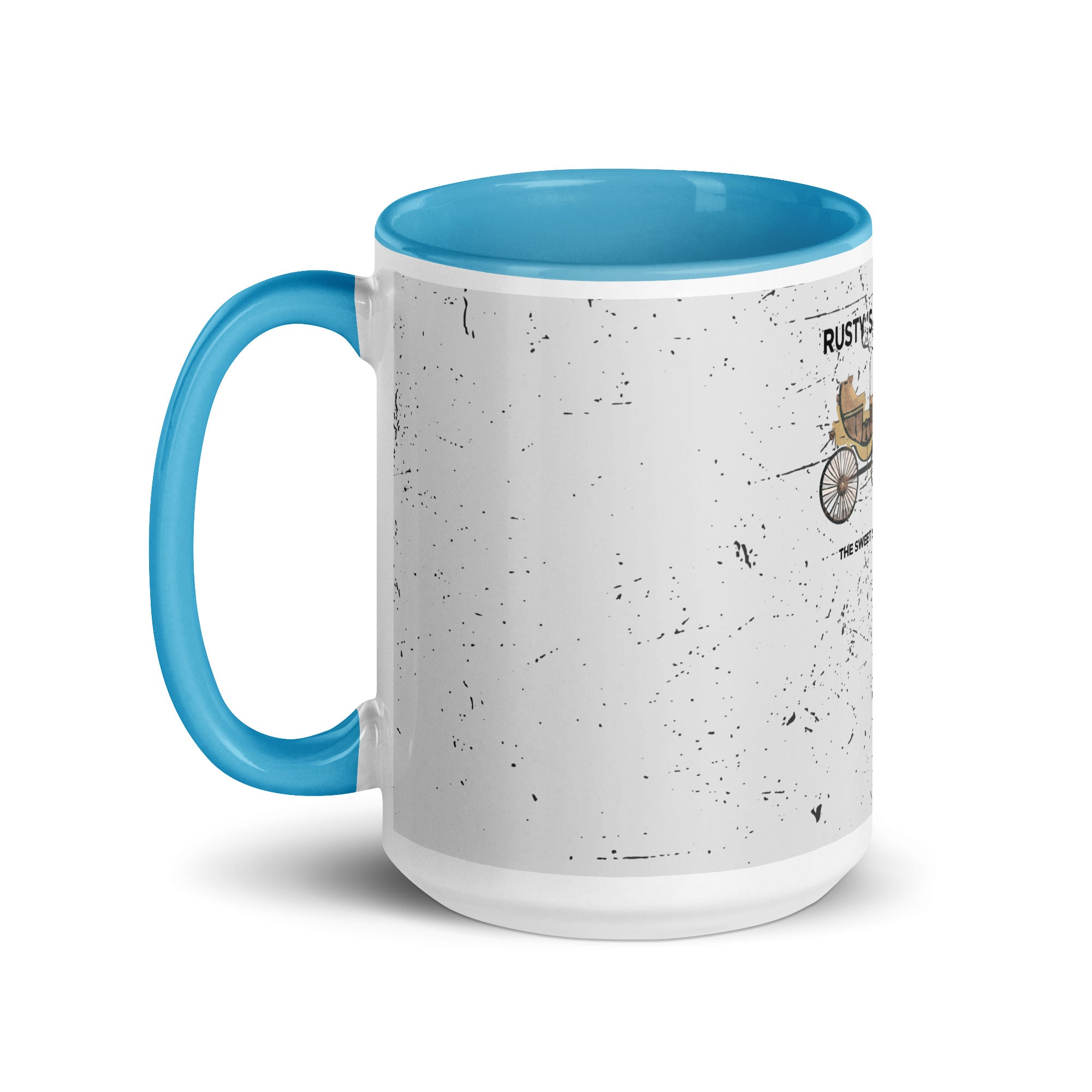 a blue and white coffee mug with a picture of a cat on it