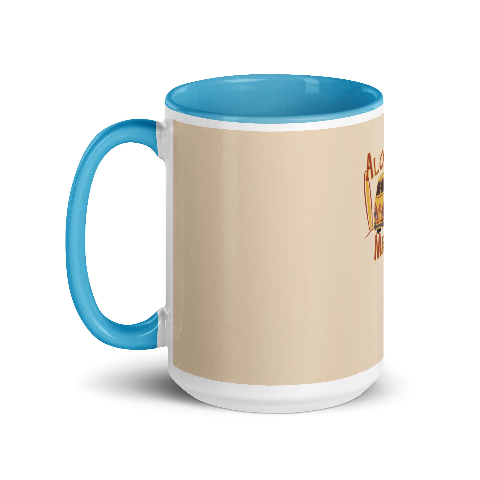 a blue and white coffee mug with a cartoon character on it