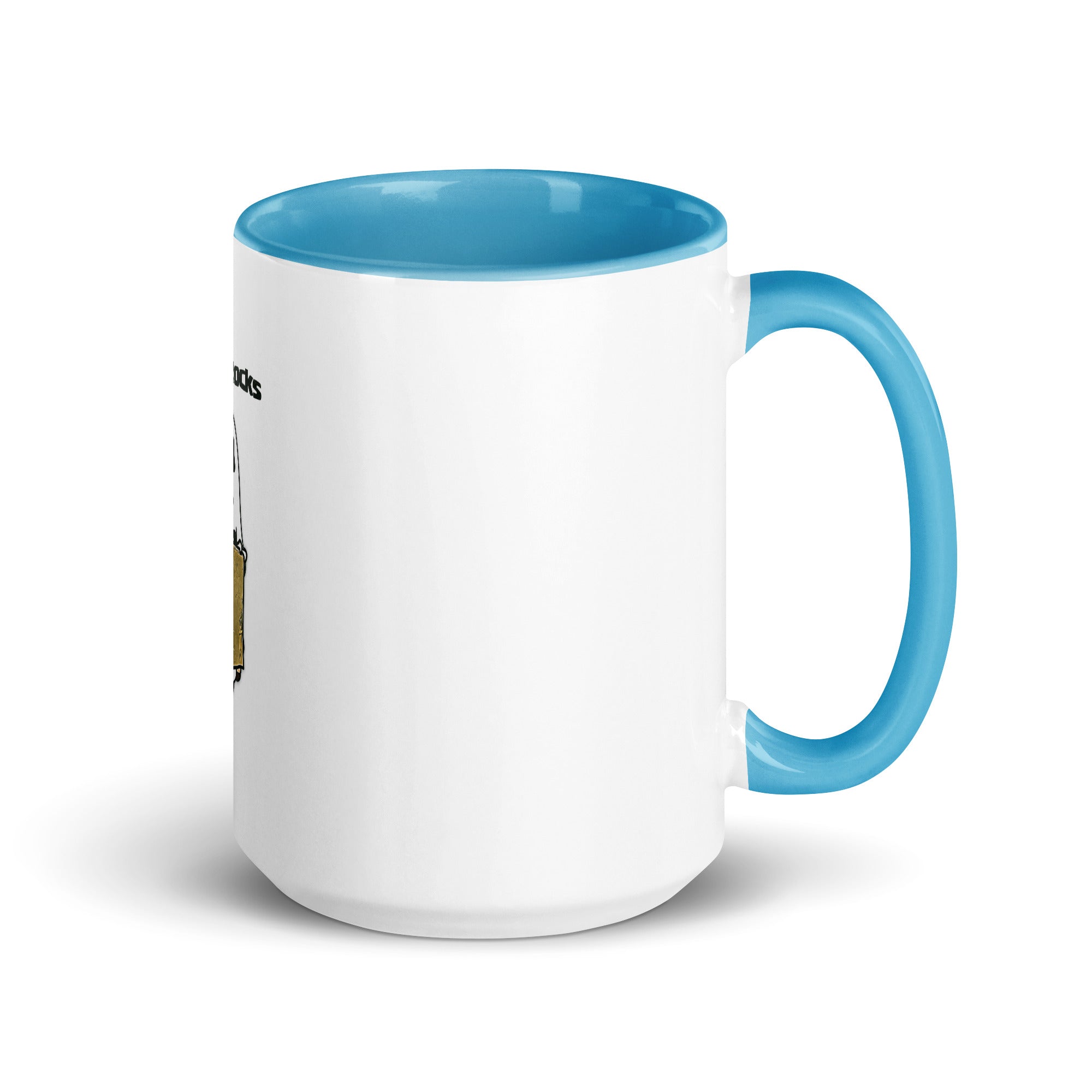 a white and blue coffee mug with a blue handle
