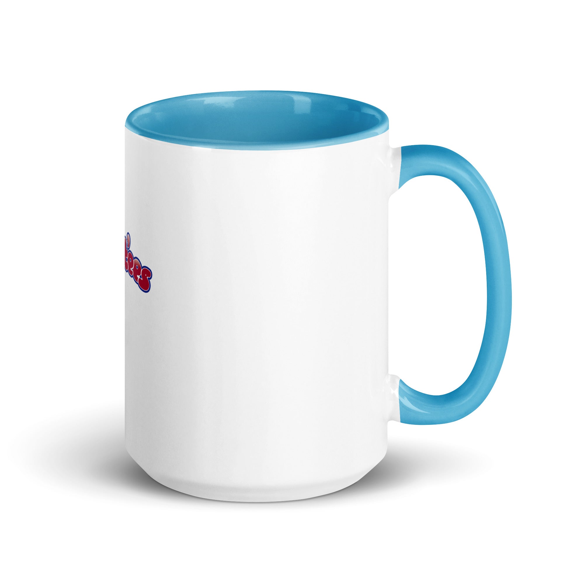 a white and blue coffee mug with a red and blue handle