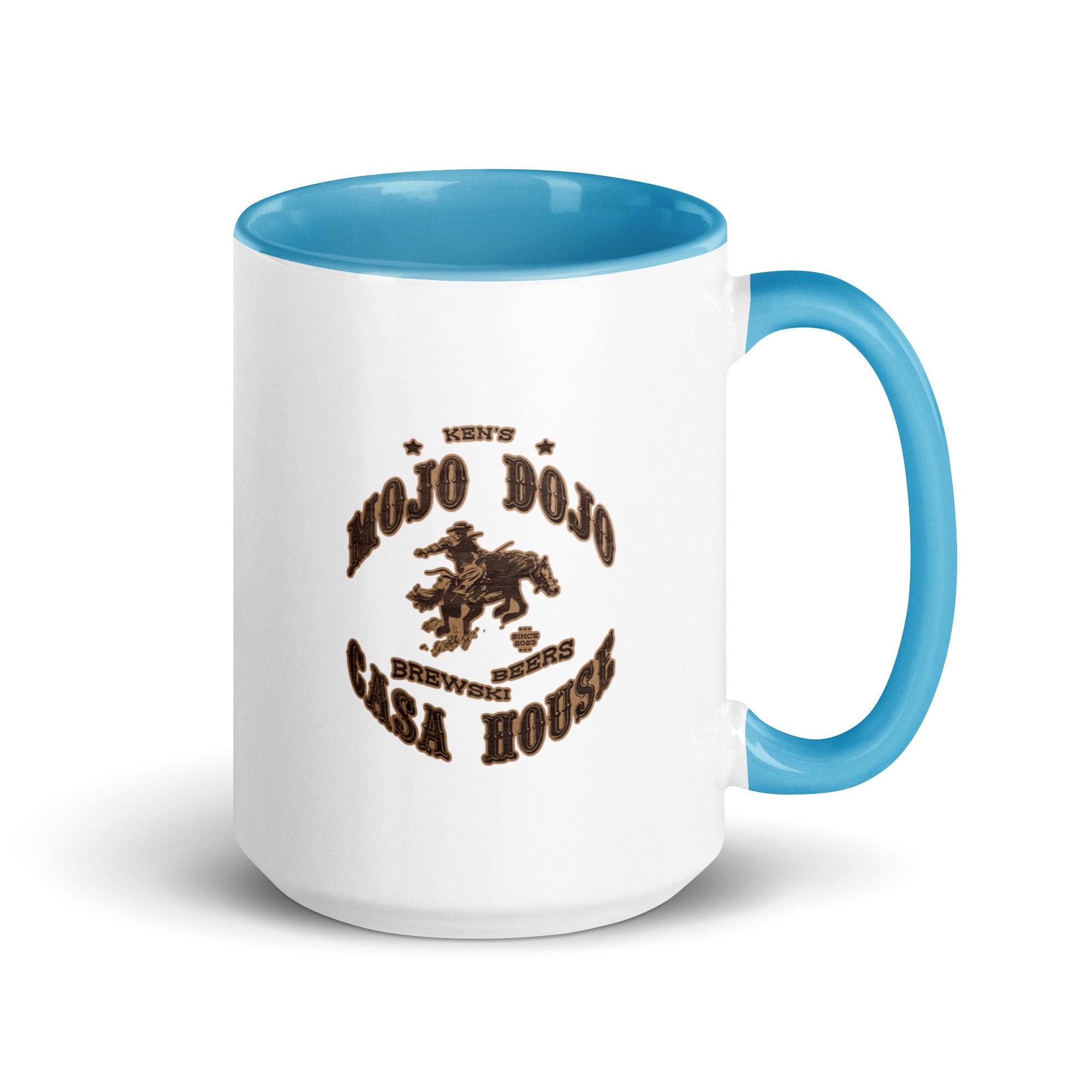 a blue and white coffee mug with a horse on it