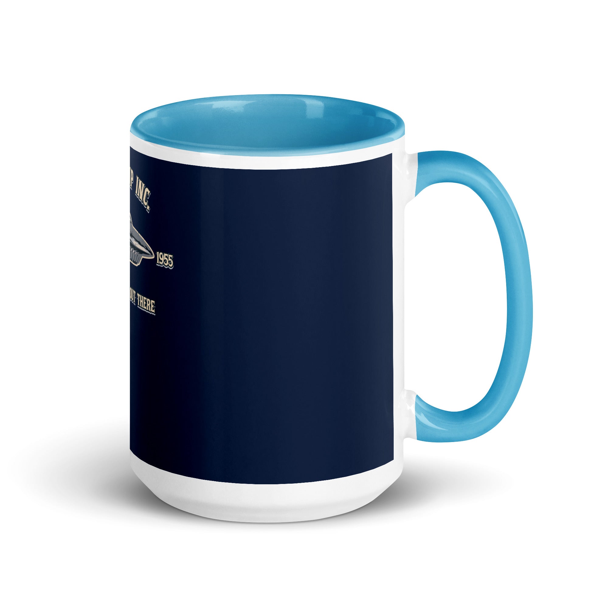 a blue and white coffee mug on a white background