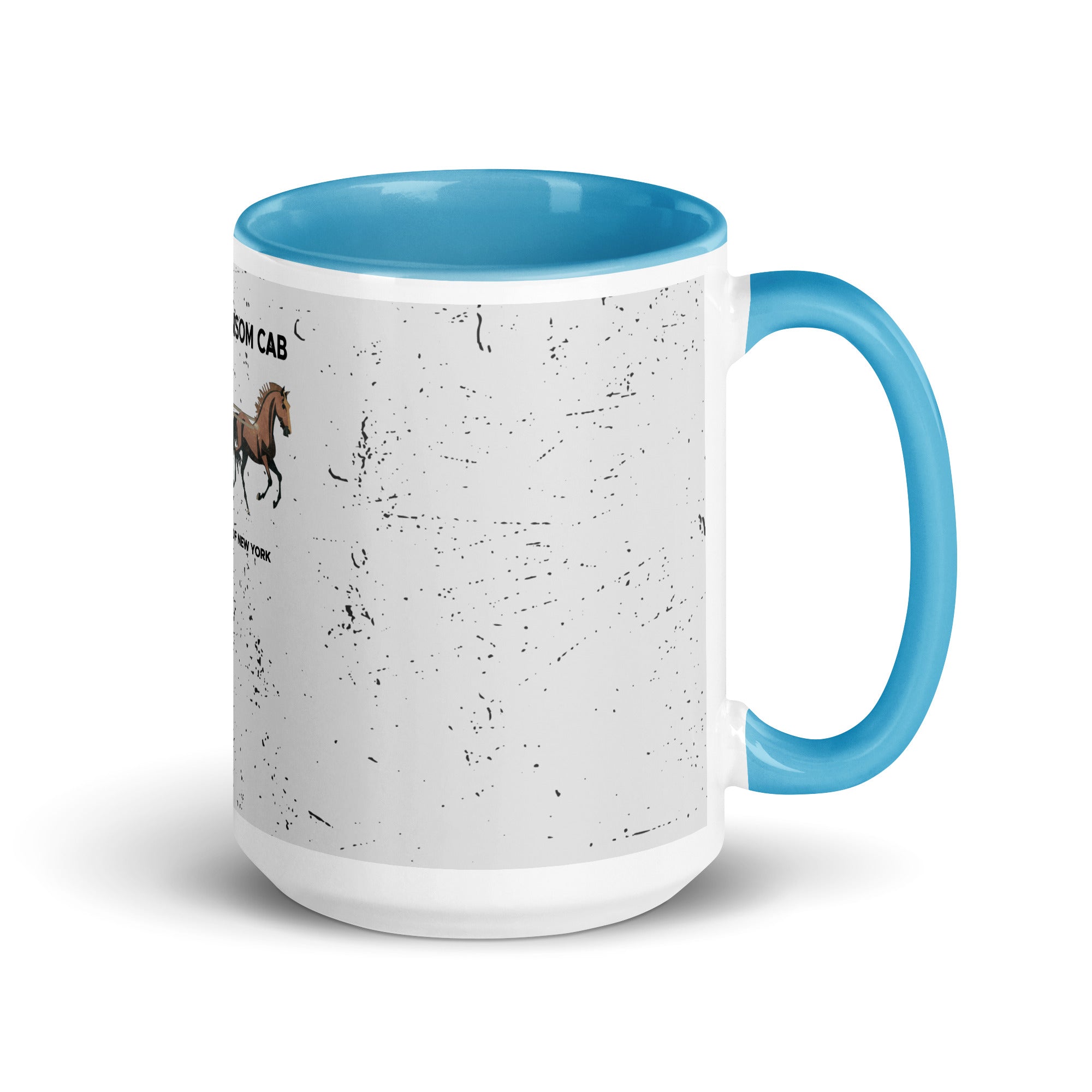 a blue and white coffee mug with a picture of a horse