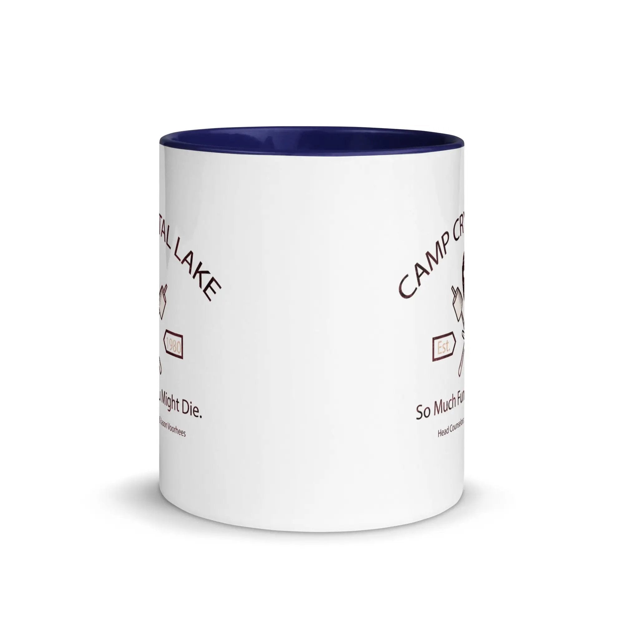 a white coffee mug with a blue rim