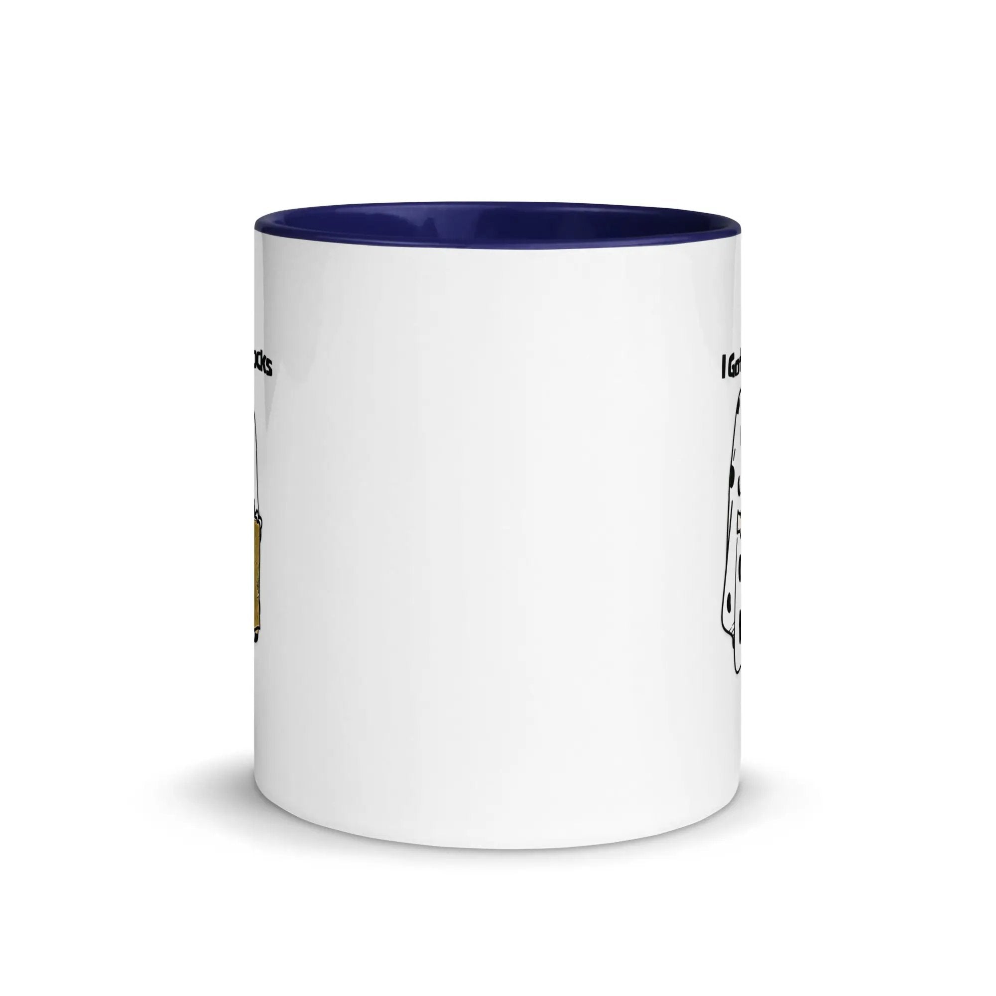 a white and blue coffee mug with words on it