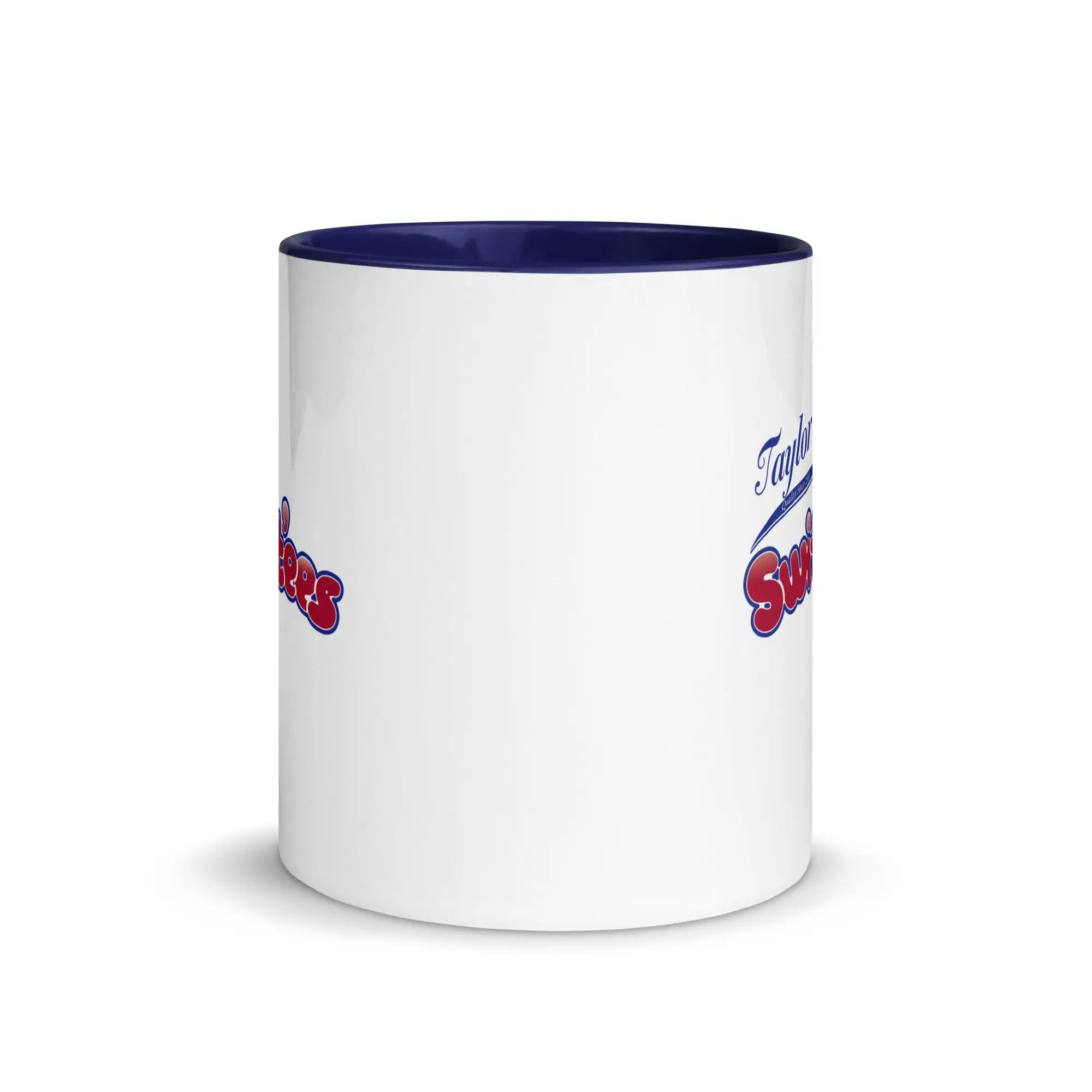 a white and blue coffee mug with a blue rim