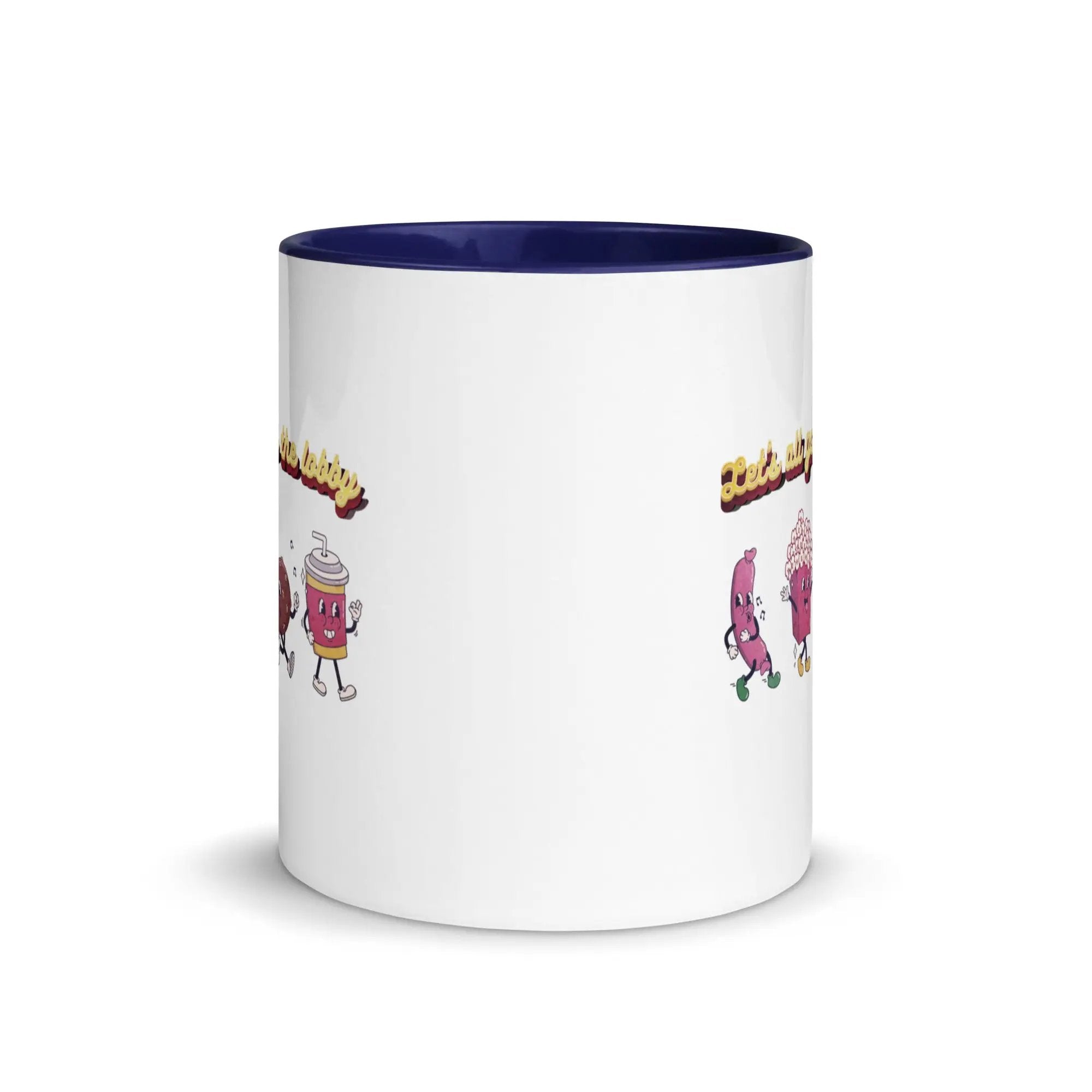 a white and blue coffee mug with cartoon characters on it