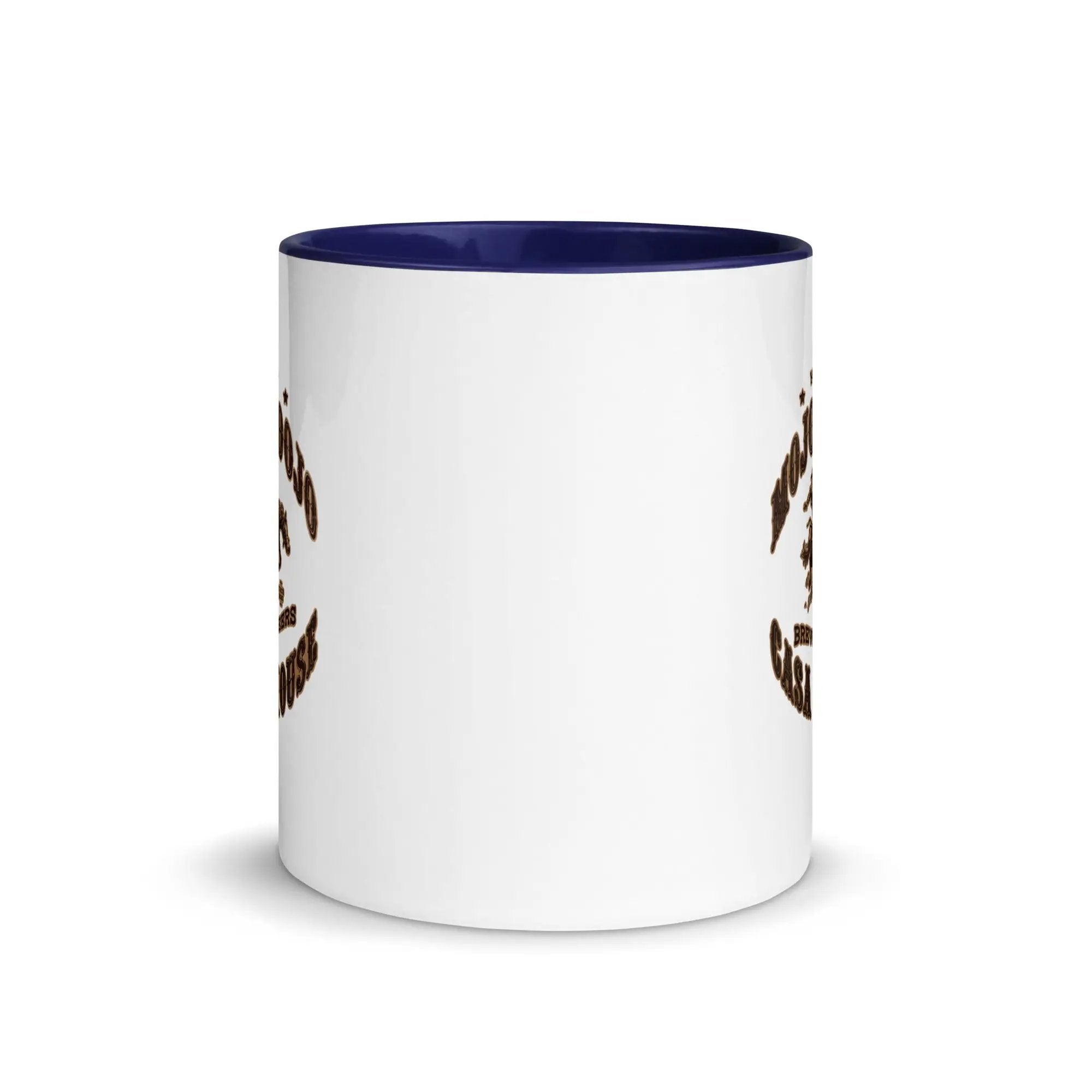 a white and blue coffee mug with a brown and white design