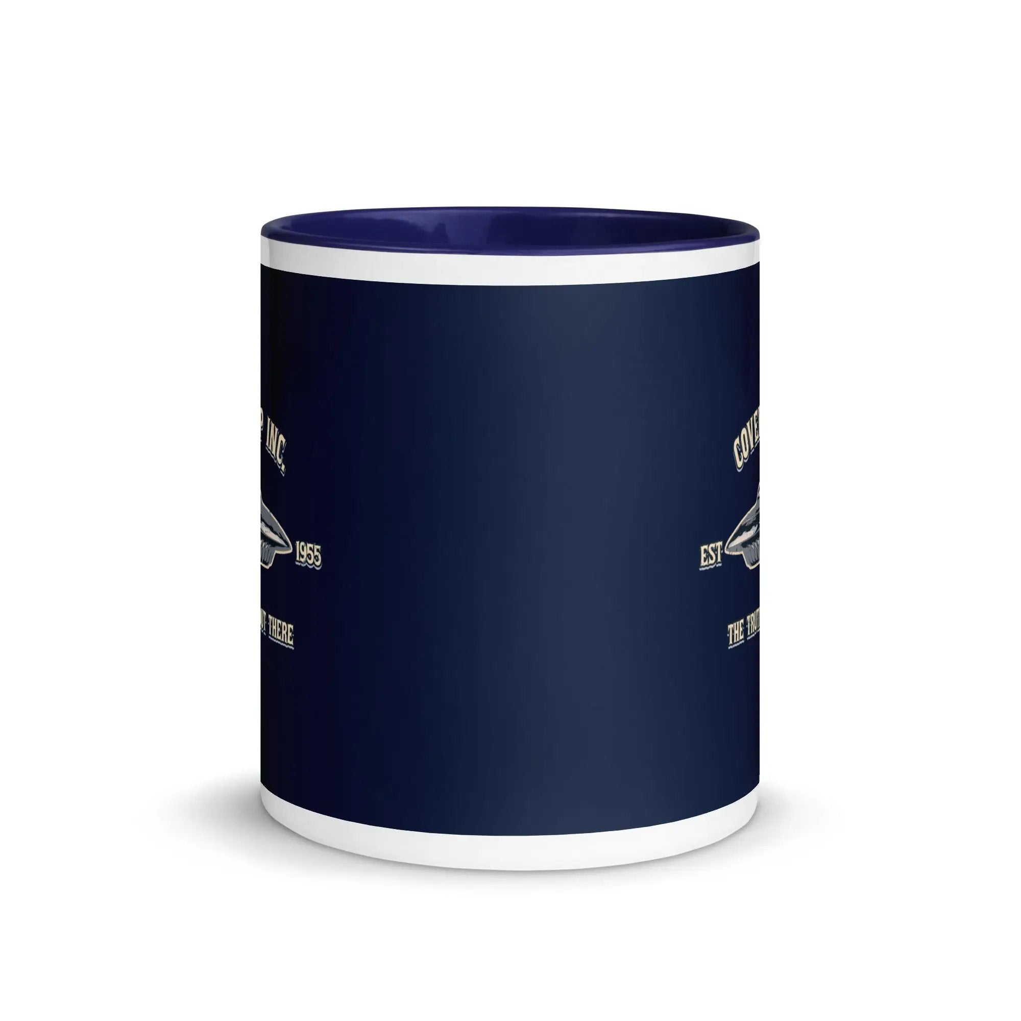 a blue and white coffee mug with a white bottom