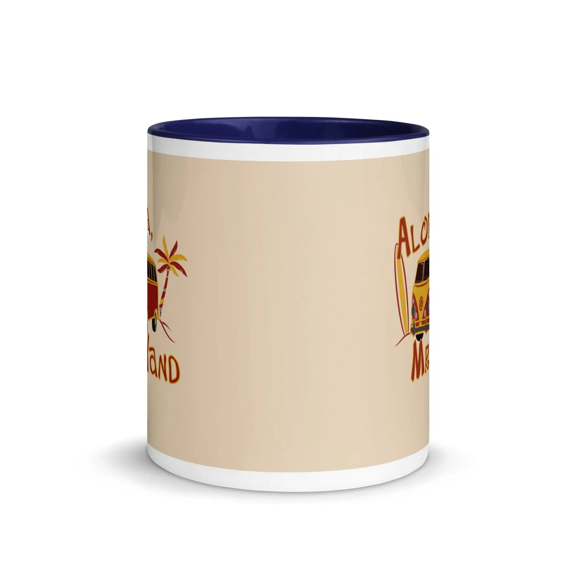 a blue and white coffee mug with a surfboard on it
