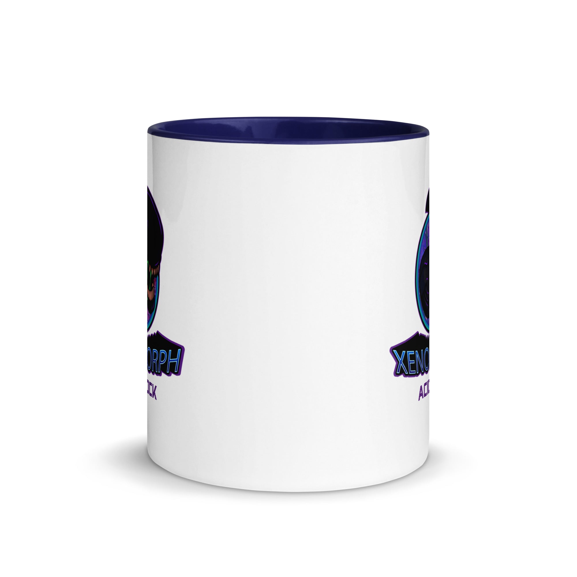 a white and blue coffee mug with a blue rim