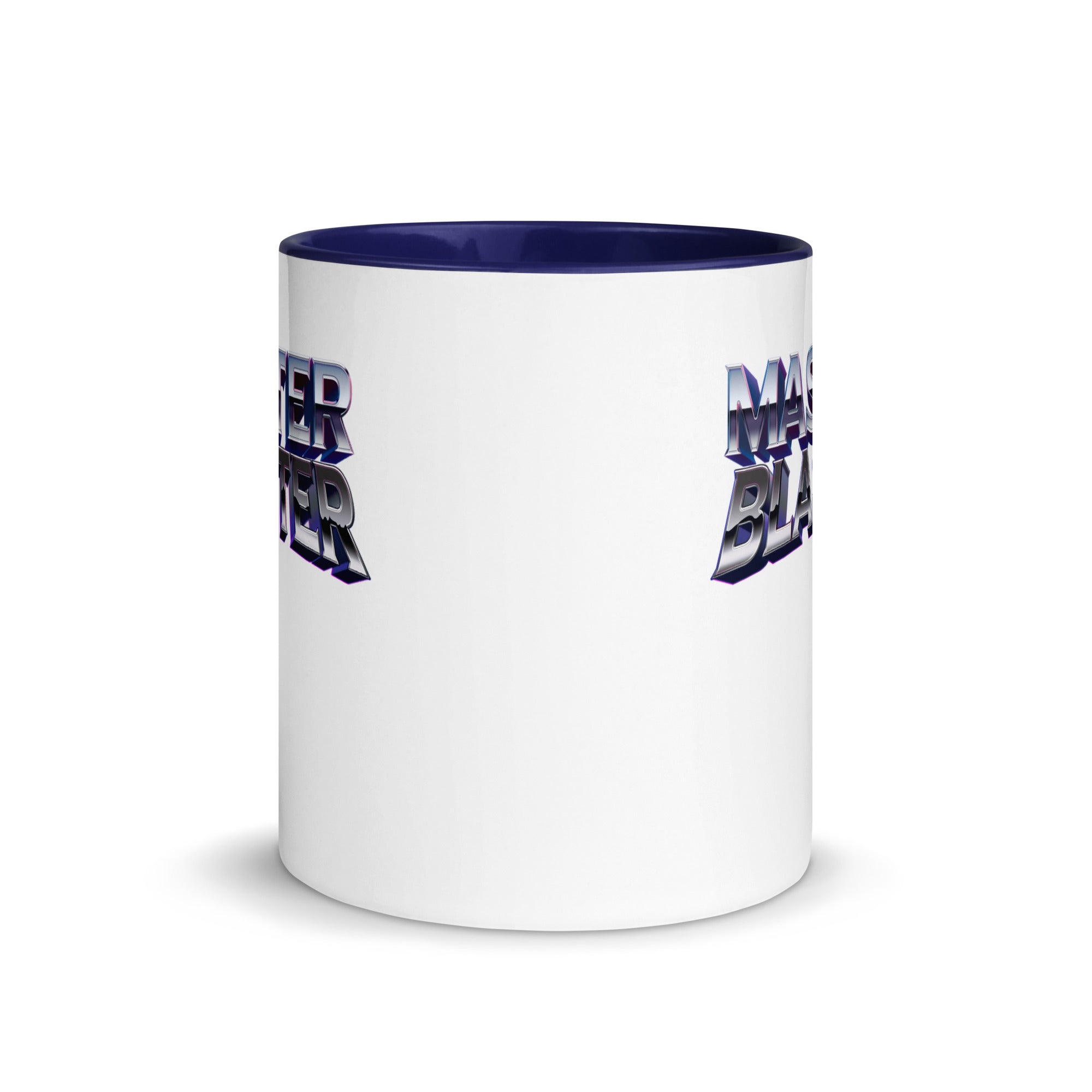 a white and blue coffee mug with a blue rim