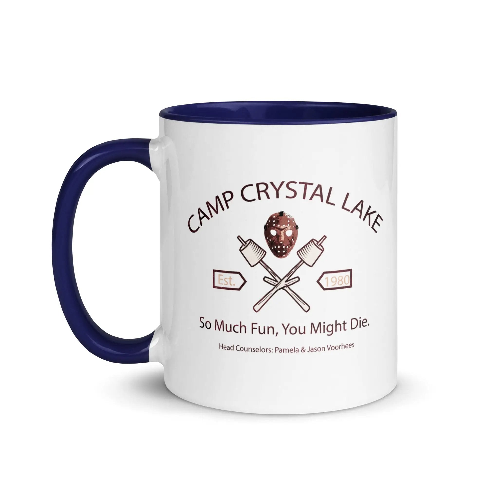 a camp crystal lake mug with a picture of the camp crystal lake logo