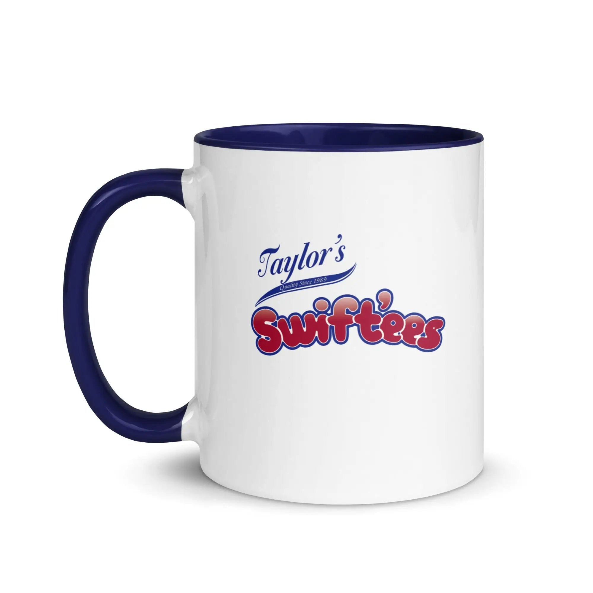 a white and blue coffee mug with taylor's surffries on it