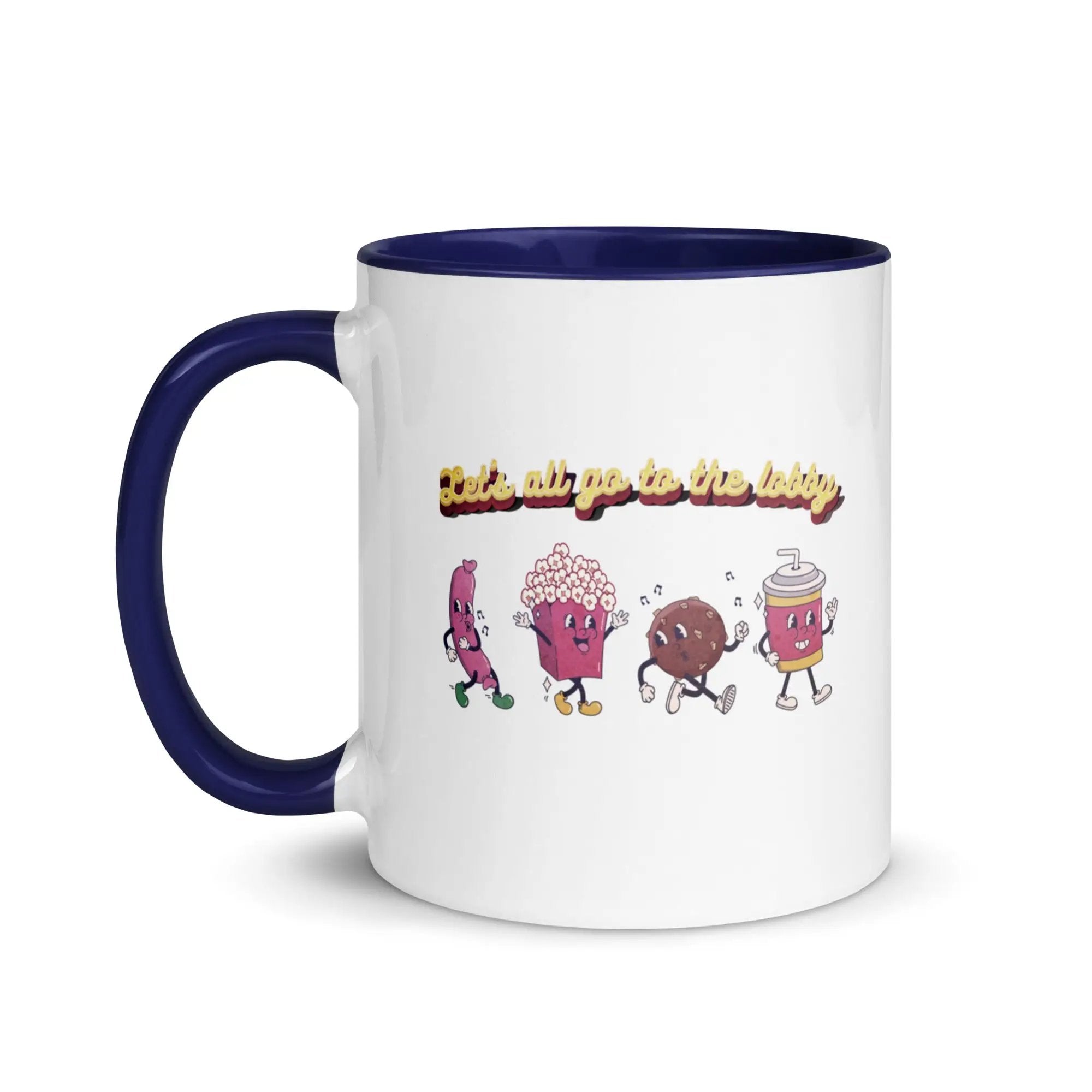 a white and blue coffee mug with cartoon characters on it