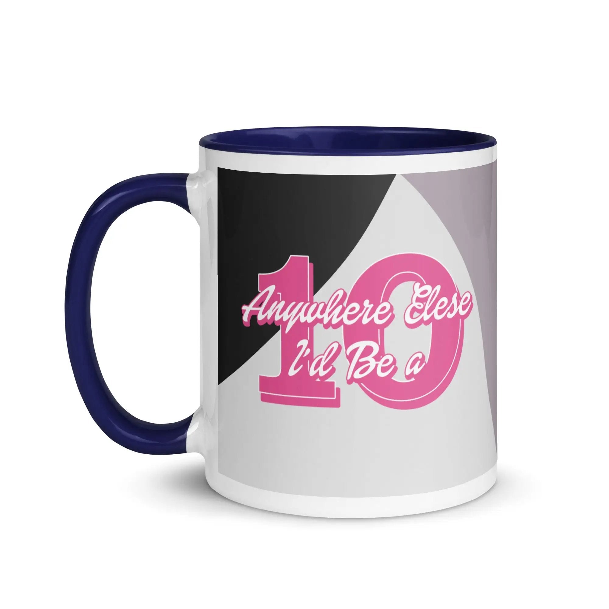 a blue and white coffee mug with the number one on it