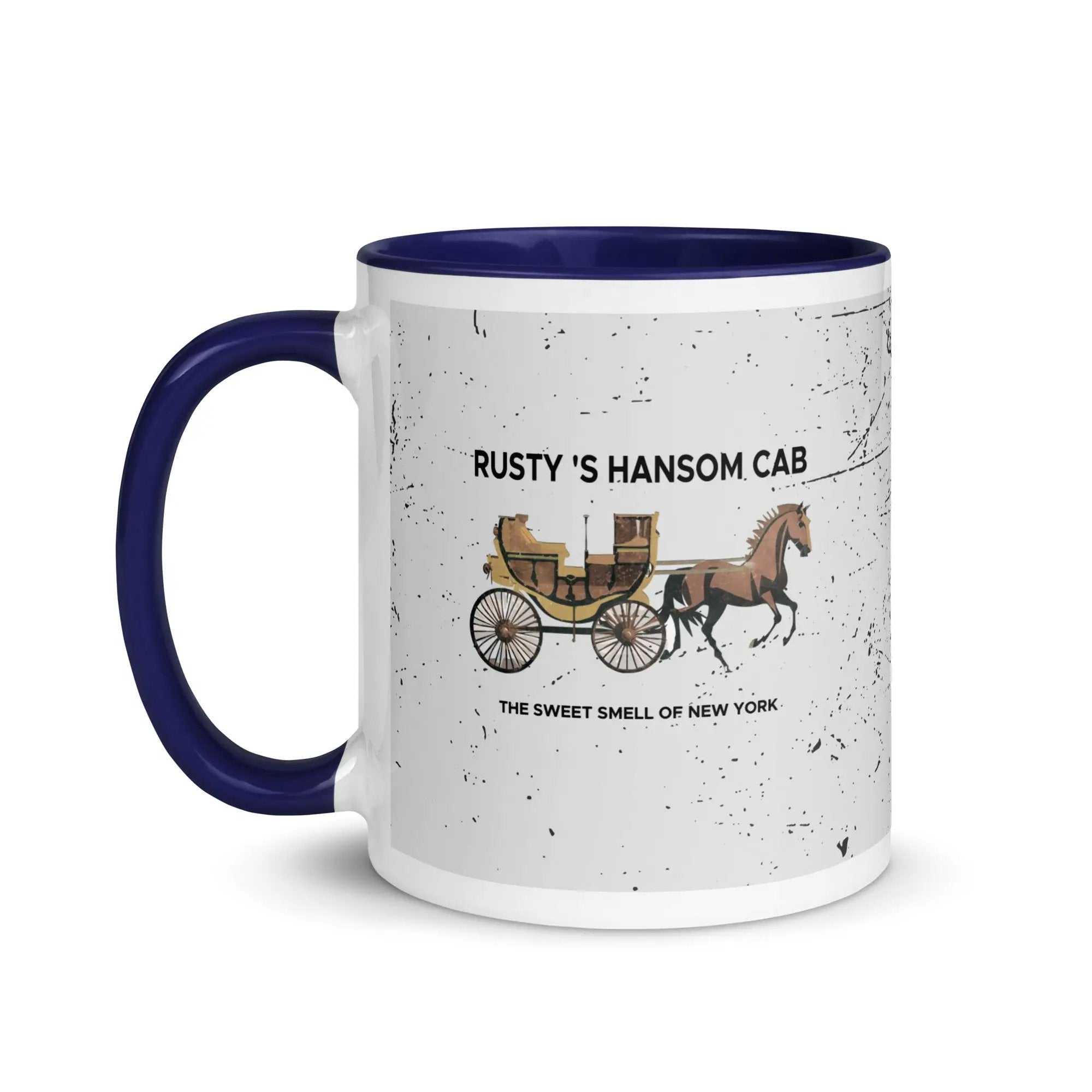 a coffee mug with a horse drawn carriage