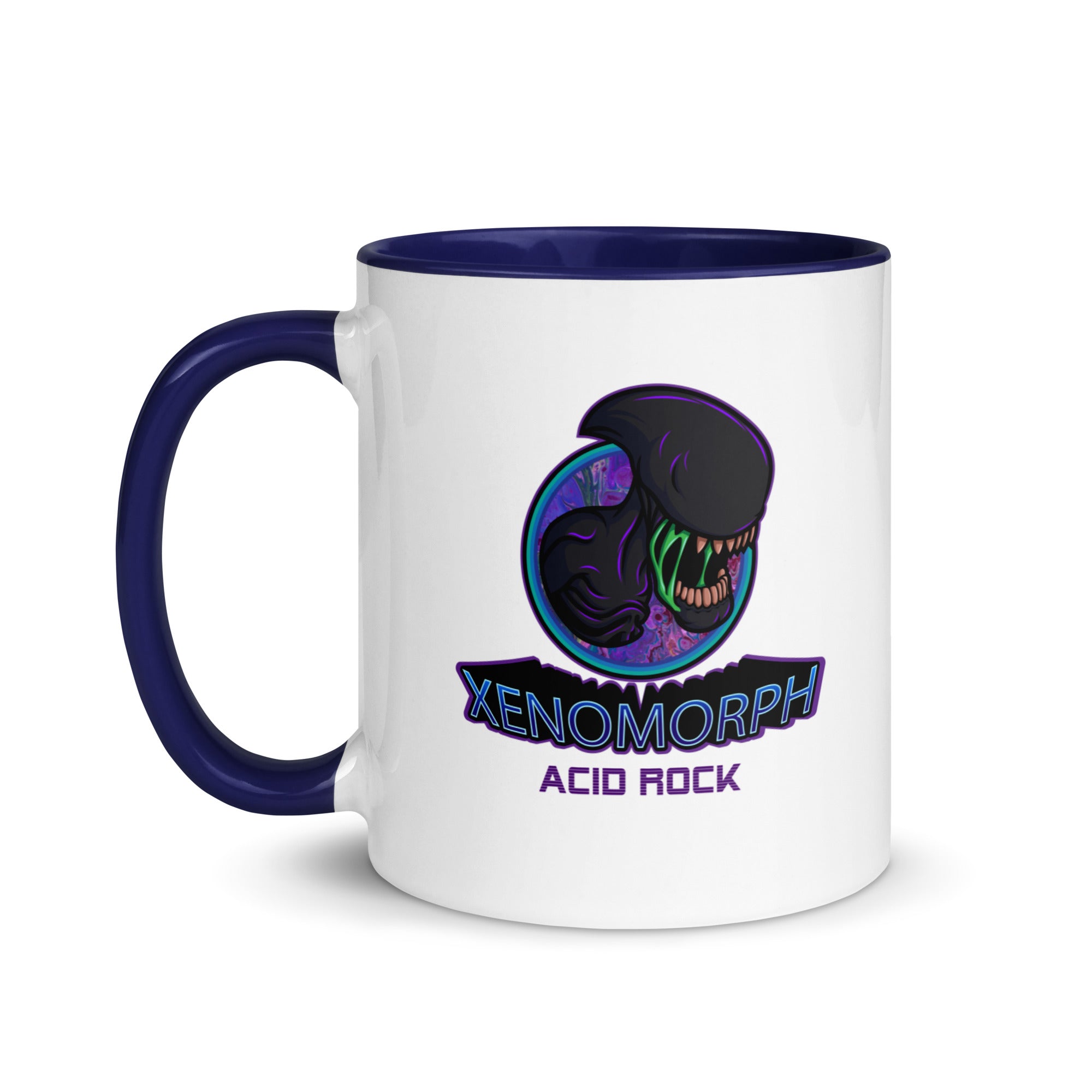 a white and blue coffee mug with an image of a dinosaur